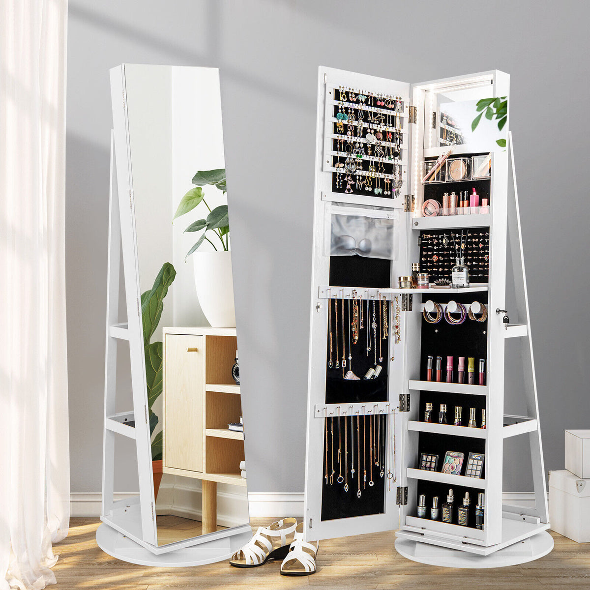 360° Rotating Lockable Mirror Jewelry Armoire with Builtin LE