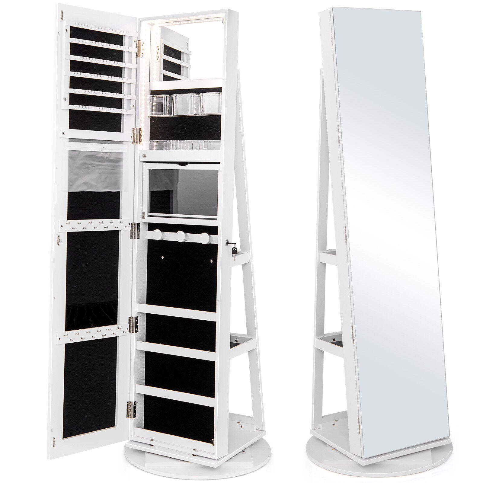360° Rotating Lockable Mirror Jewelry Cabinet Armoire with Built-in LED Lights