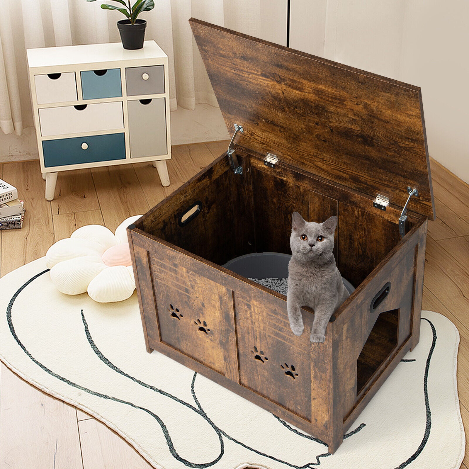 Wooden Flip-Top Cat Litter Box Enclosure With Side Entrance