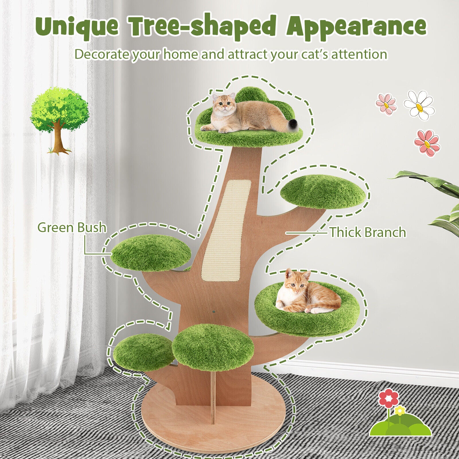 1.3M Multi-level Cat Tower Pine Shape Cat Tree for Indoor Cats