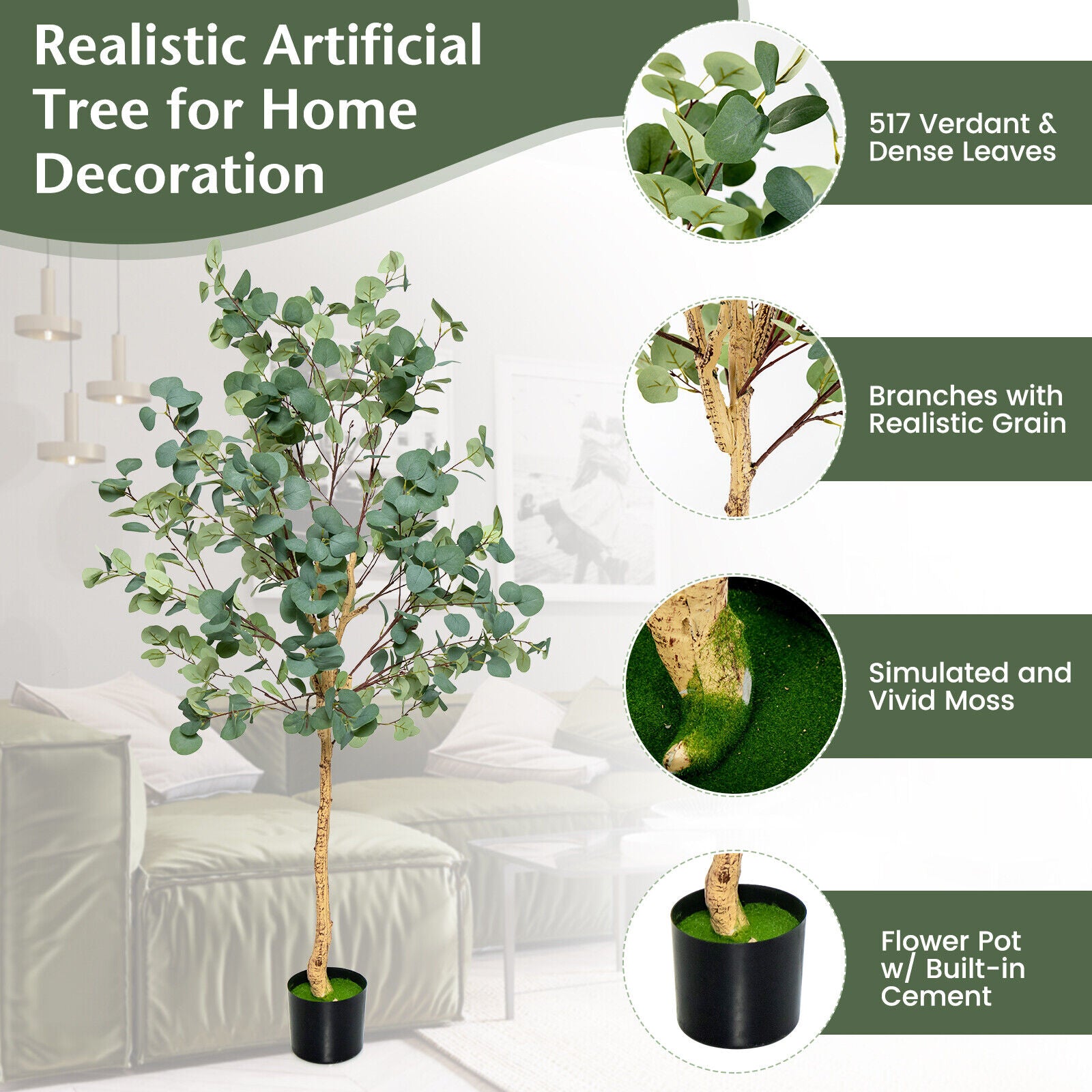 165 CM Artificial Tree Fake Eucalyptus Tree Home Decor