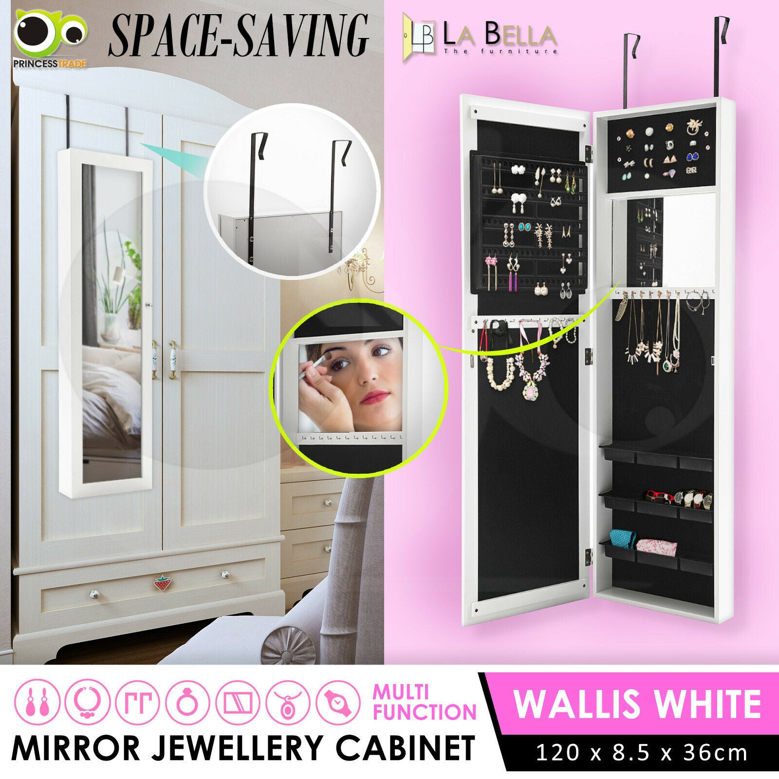 Mirror Jewellery Wall Swivel Cabinet Storage Makeup Organiser Drawer