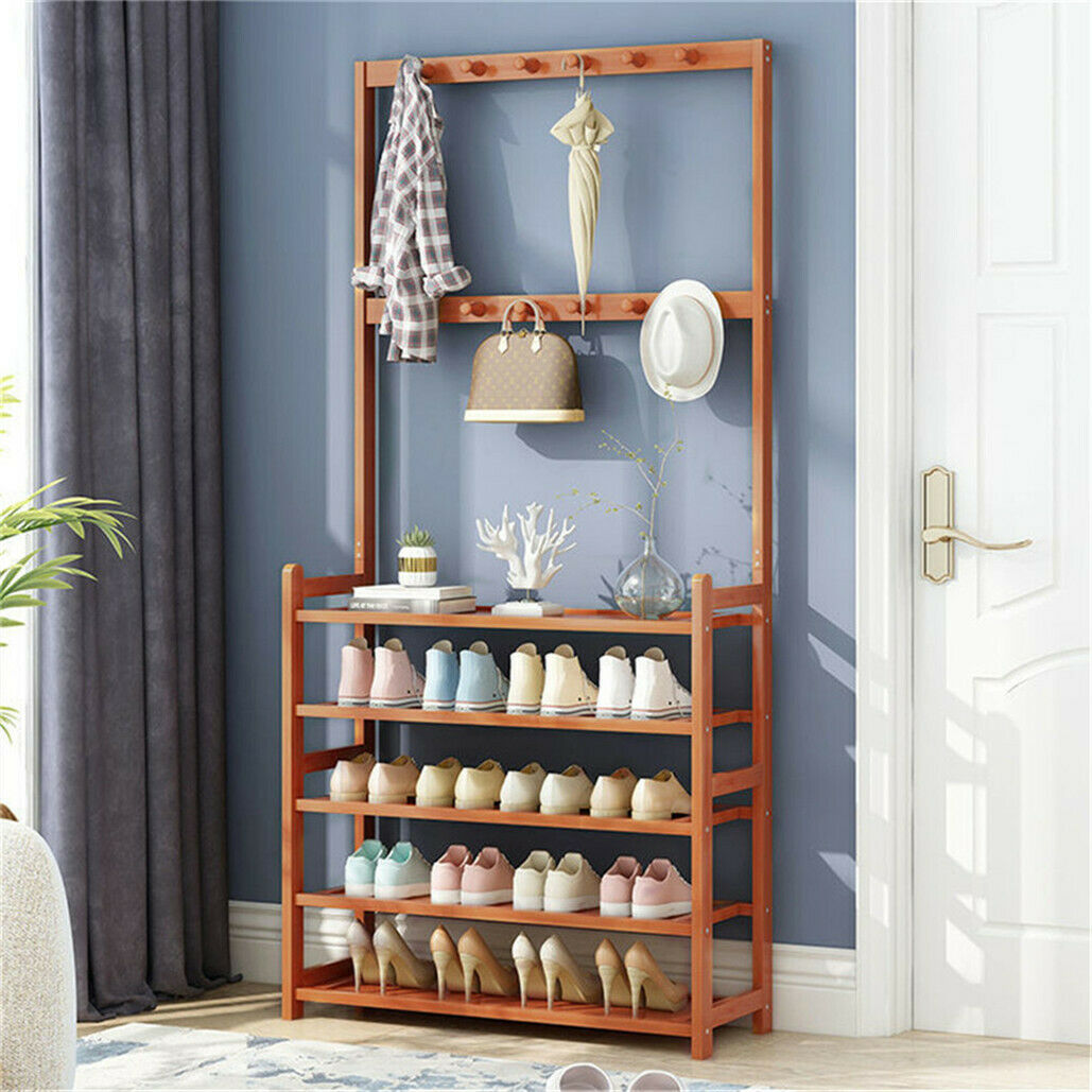 Large Wooden 5 Tiers Hat Coat Stand Clothes Shoe Rack