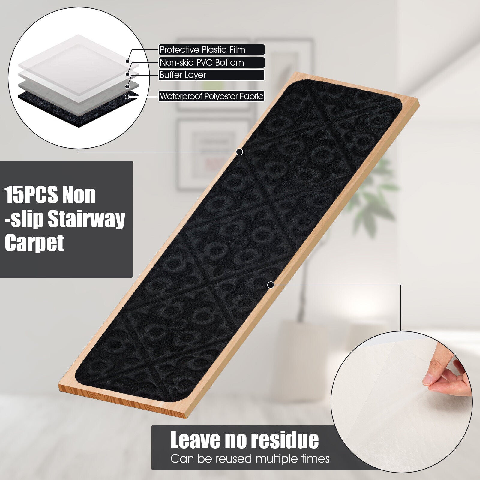 15Pcs 76 x 20cm Non-Slip Carpet Stair Treads Mats Stairway Carpets