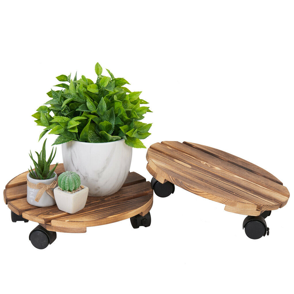 Set of 2 Wood Plant Caddy Rolling Heavy Potted Tray