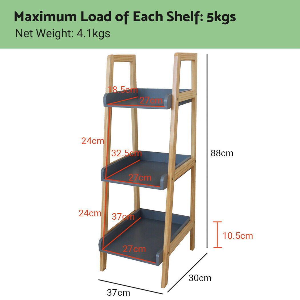 3 Tier Display Ladder Shelf Bookcase Bookshelf Bathroom Kitchen Bedroom Storage Rack Wooden Flower Stand