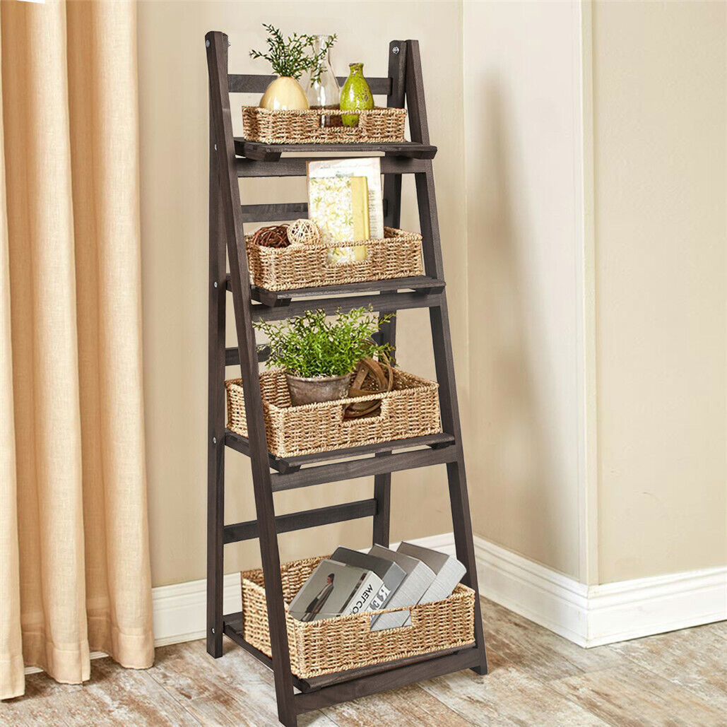 Retro 4 Tier Wooden Ladder Bookcase Folding Book Shelf Plant Stand