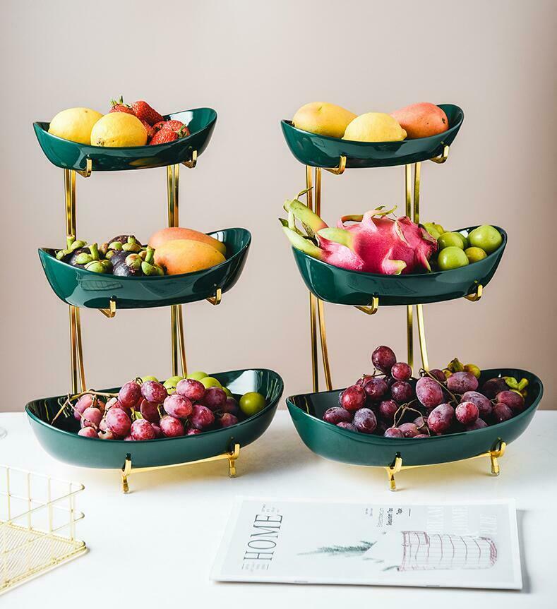 3 Tier Ceramic Fruit Bowl Metal Stand