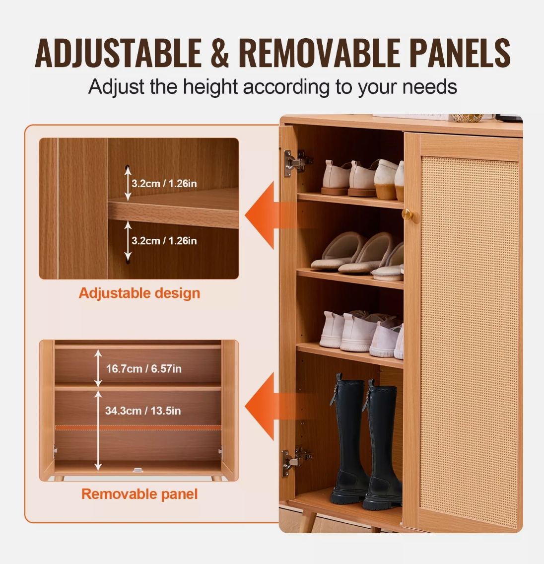 5 Tiers Rattan Shoe Cabinet Shoe Organizer with 2 Doors and Adjustable Shelves