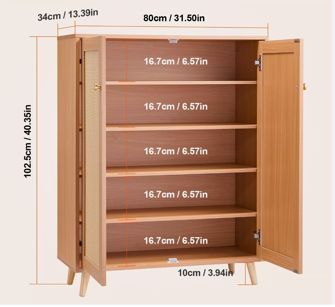 5 Tiers Rattan Shoe Cabinet Shoe Organizer with 2 Doors and Adjustable Shelves