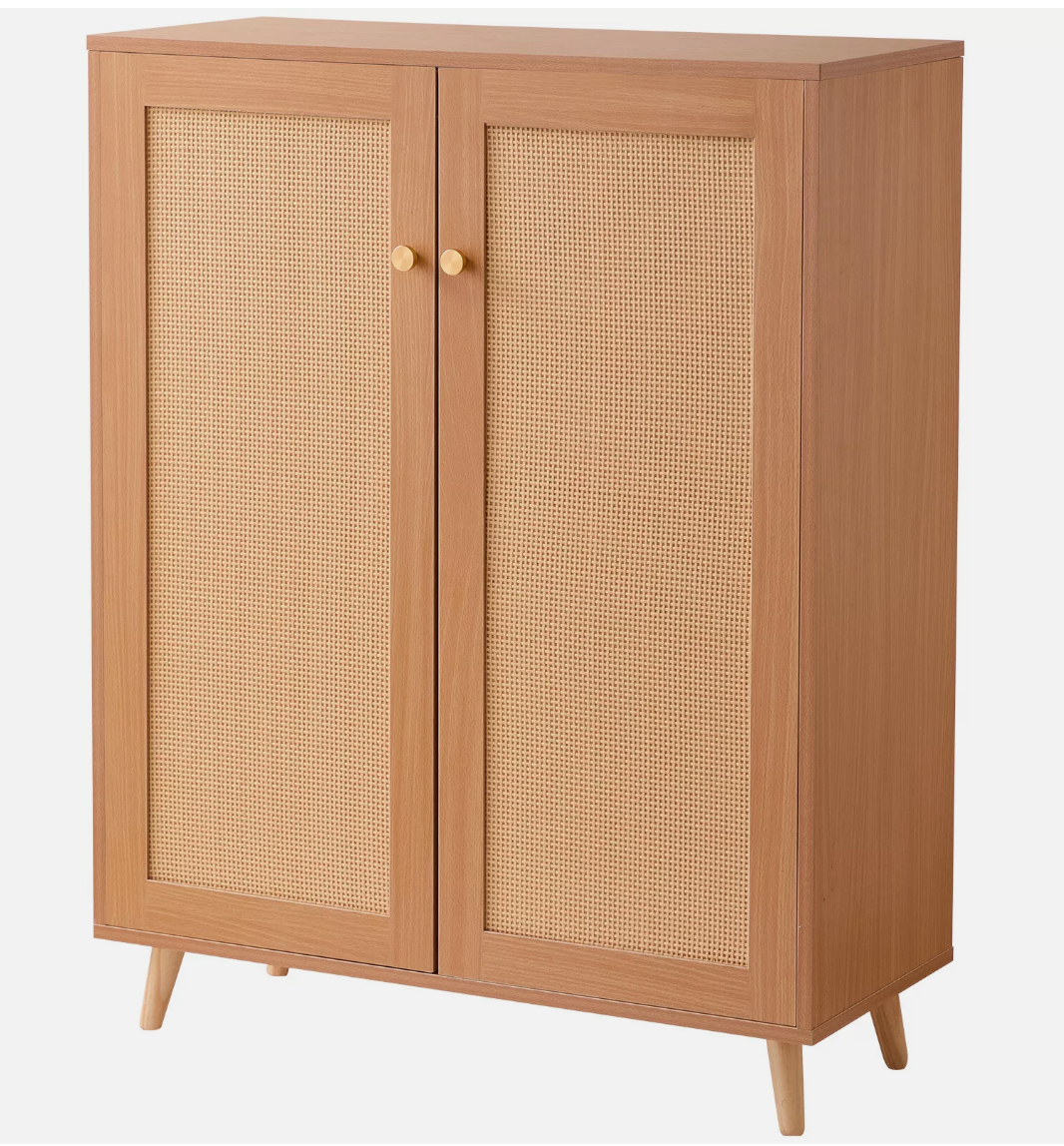 5 Tiers Rattan Shoe Cabinet Shoe Organizer with 2 Doors and Adjustable Shelves