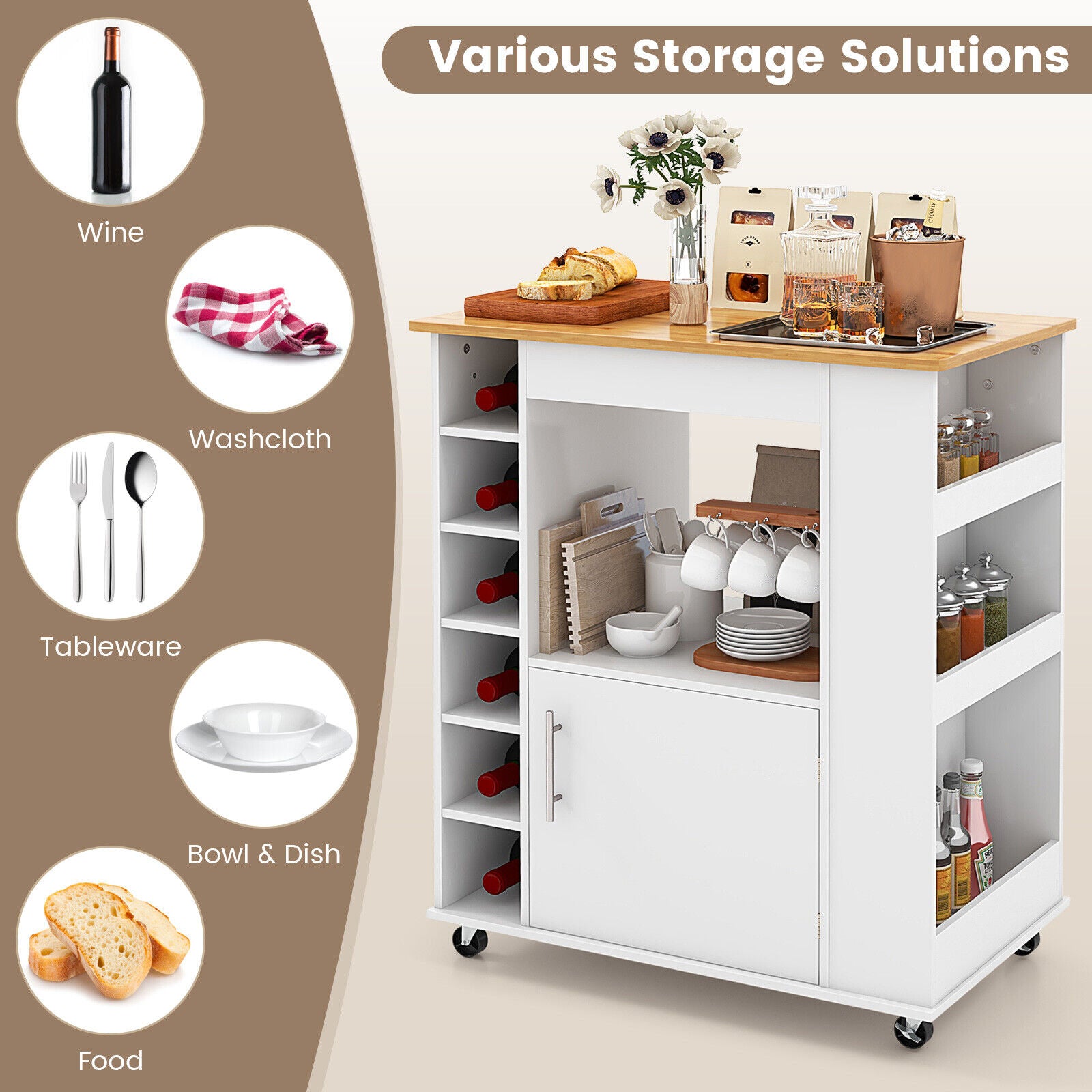 Kitchen Trolley Cart Rolling Kitchen Island With Storage and Towel Rack