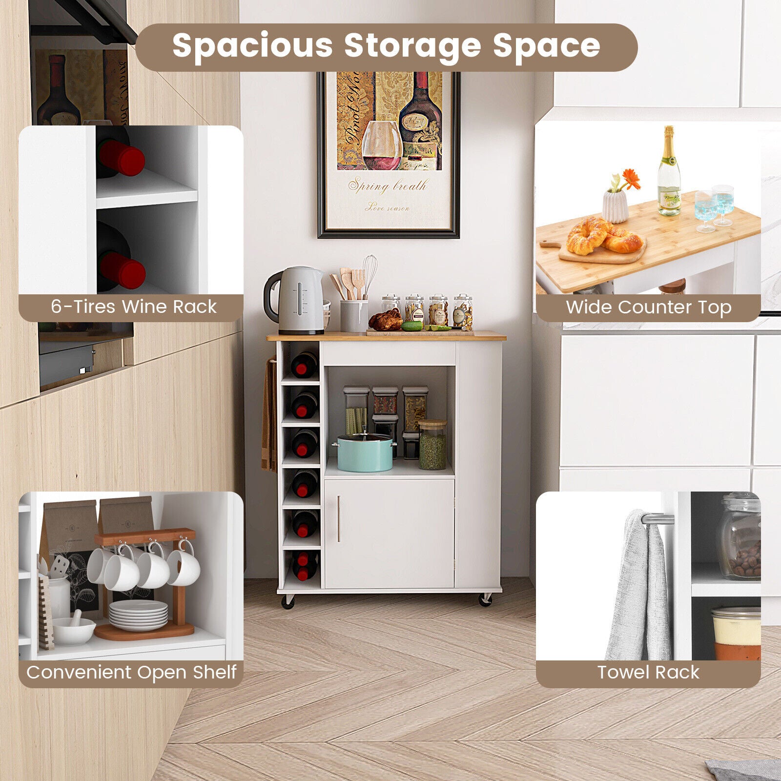 Kitchen Trolley Cart Rolling Kitchen Island With Storage and Towel Rack