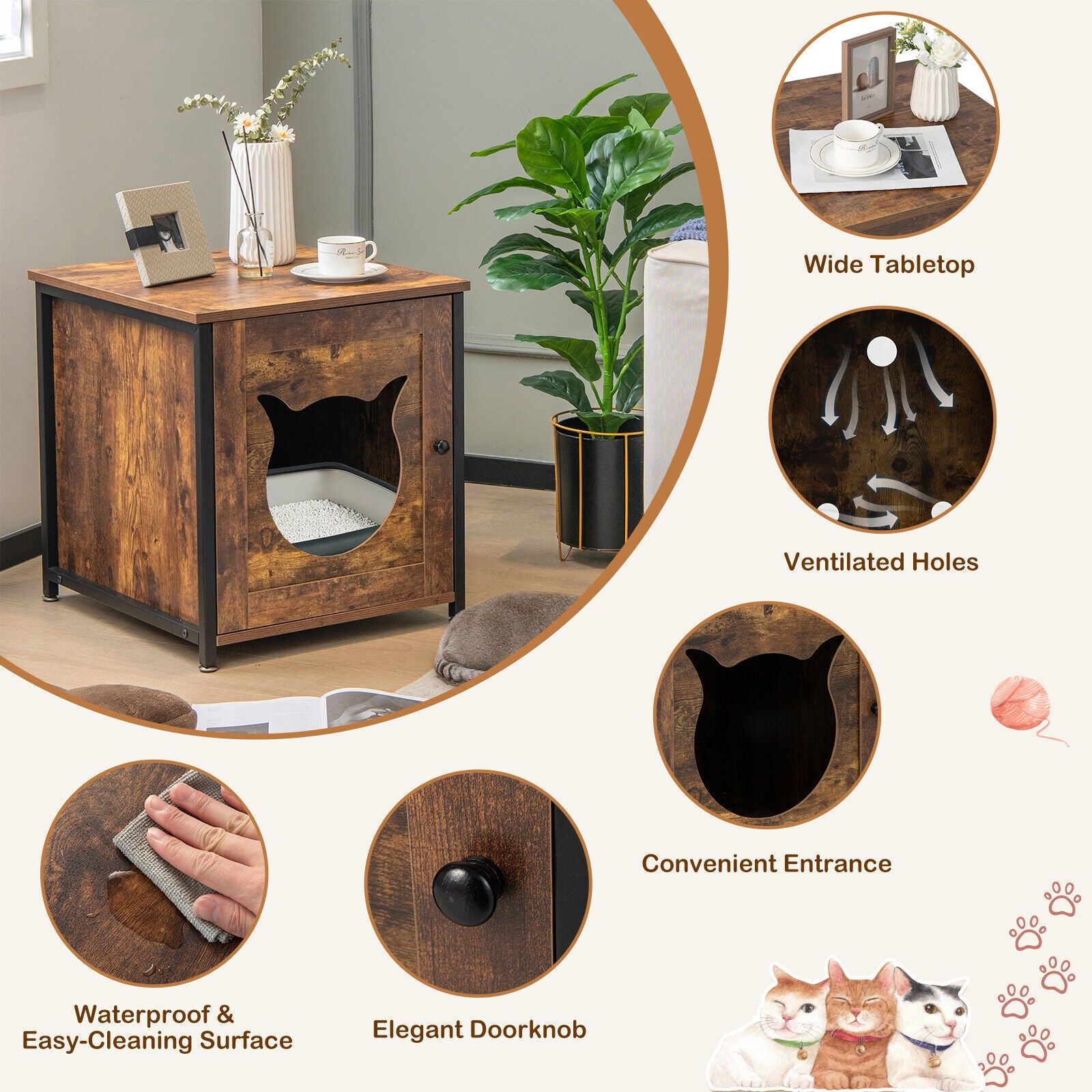 Cat Litter Box Enclosure with Metal Frame & Adjustable Feet