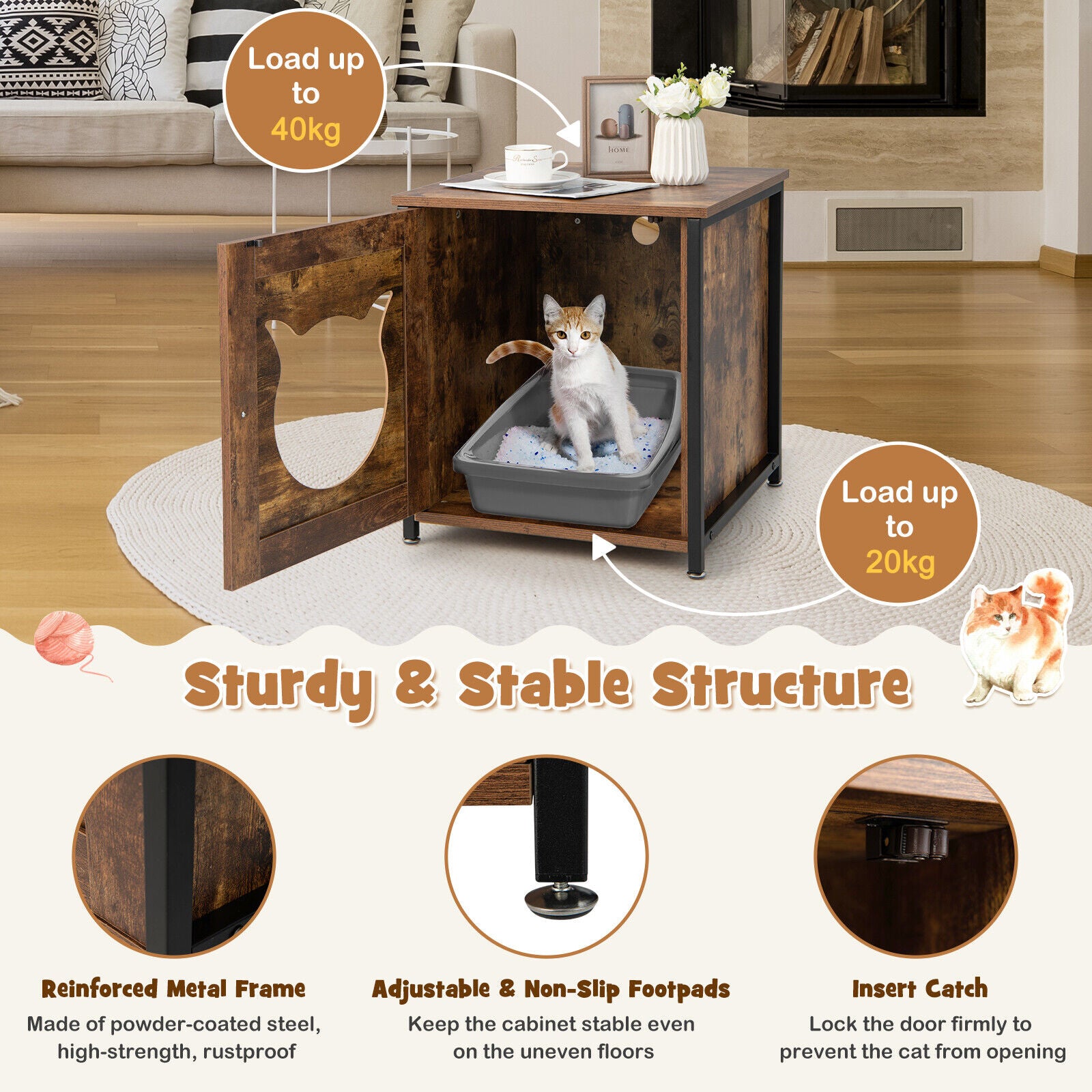 Cat Litter Box Enclosure with Metal Frame & Adjustable Feet