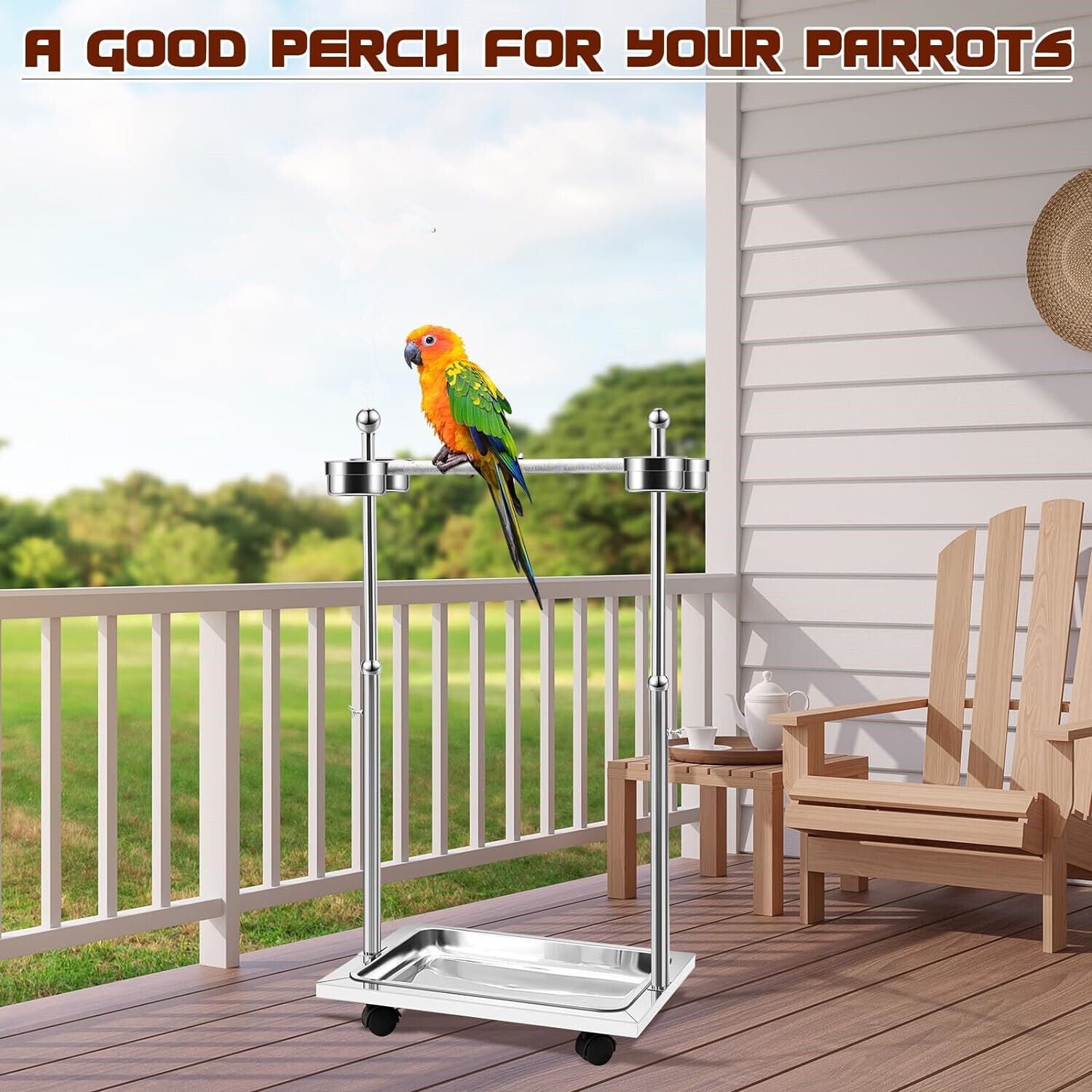 55-75cm Adjustable Height Parrot Perch Bird Stand with Wheels and Bowl ...