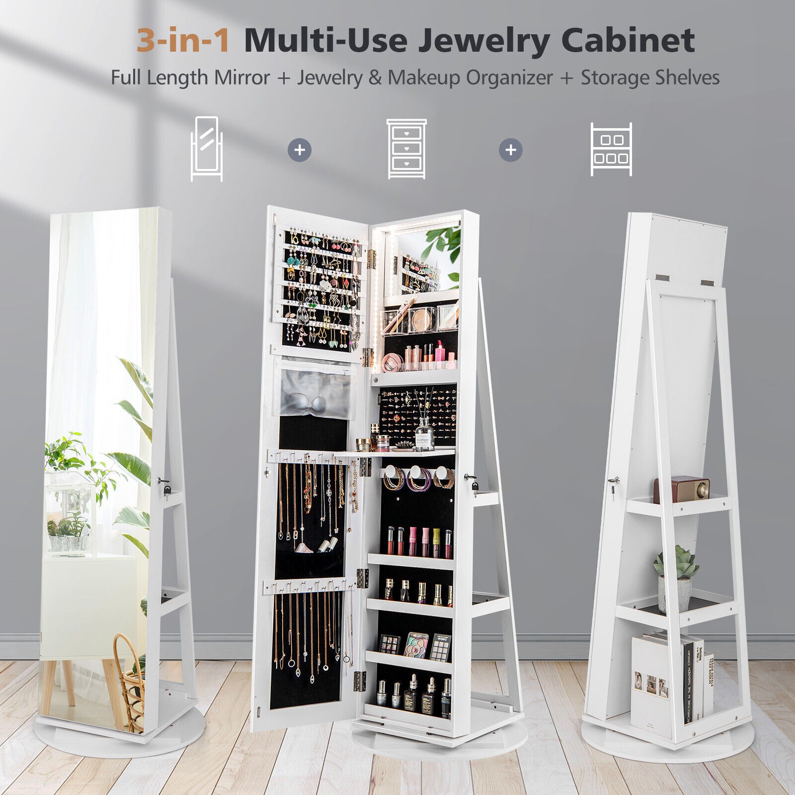 360° Rotating Lockable Mirror Jewelry Cabinet Armoire with Built-in LED Lights