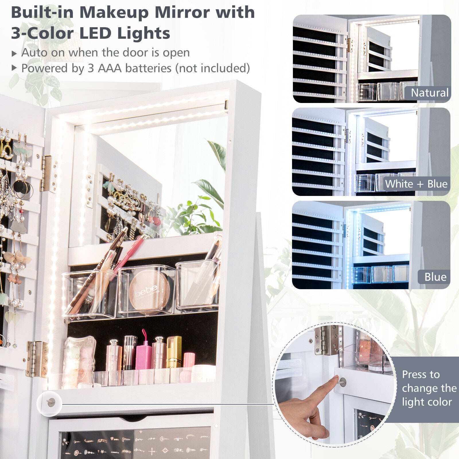 360° Rotating Lockable Mirror Jewelry Cabinet Armoire with Built-in LED Lights