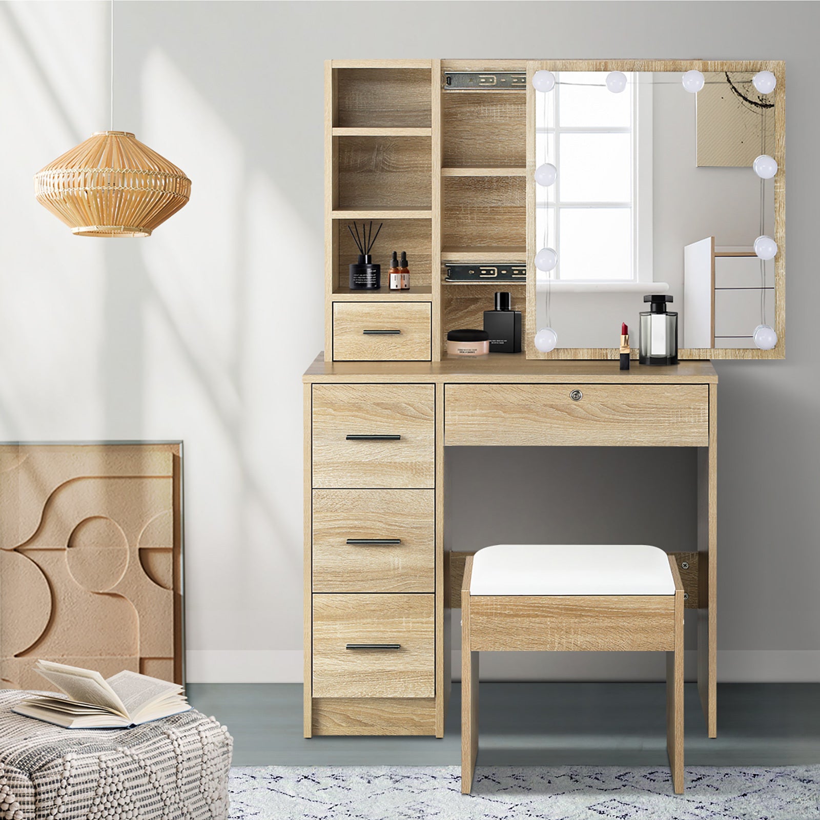 Dressing Table Stool Set Makeup Slide Mirror Drawers 10 LED Bulbs- Natural