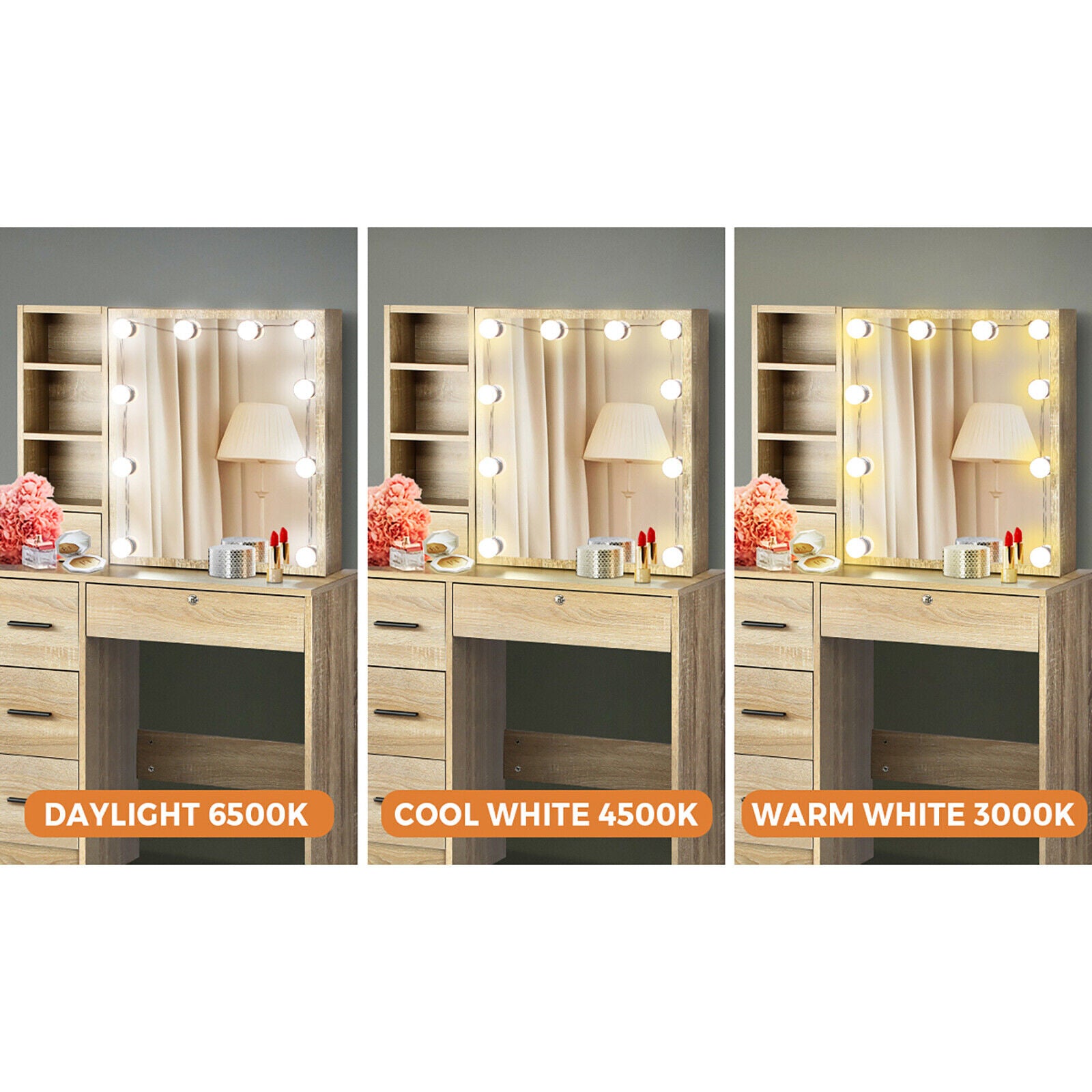 Dressing Table Stool Set Makeup Slide Mirror Drawers 10 LED Bulbs- Natural
