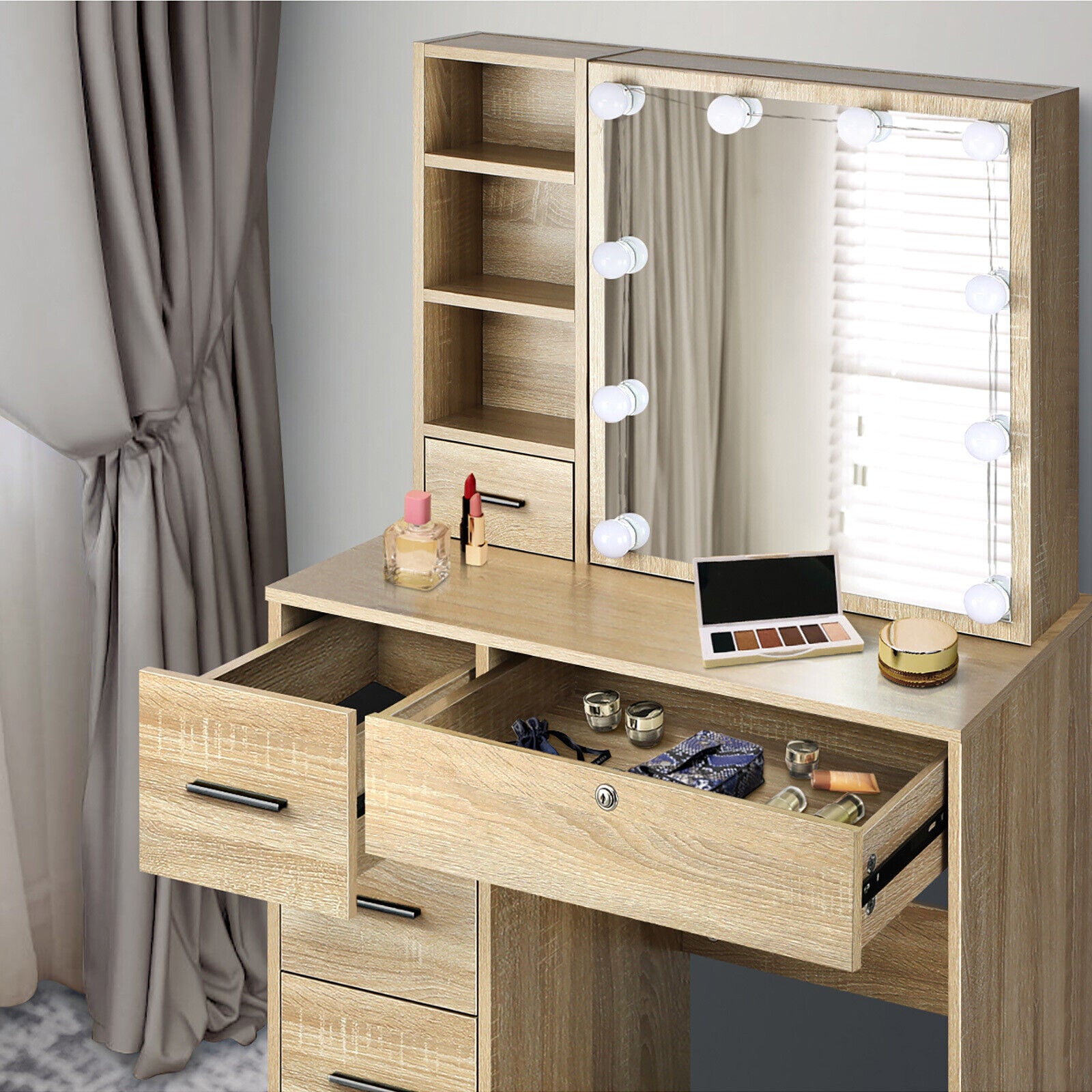 Dressing Table Stool Set Makeup Slide Mirror Drawers 10 LED Bulbs- Natural