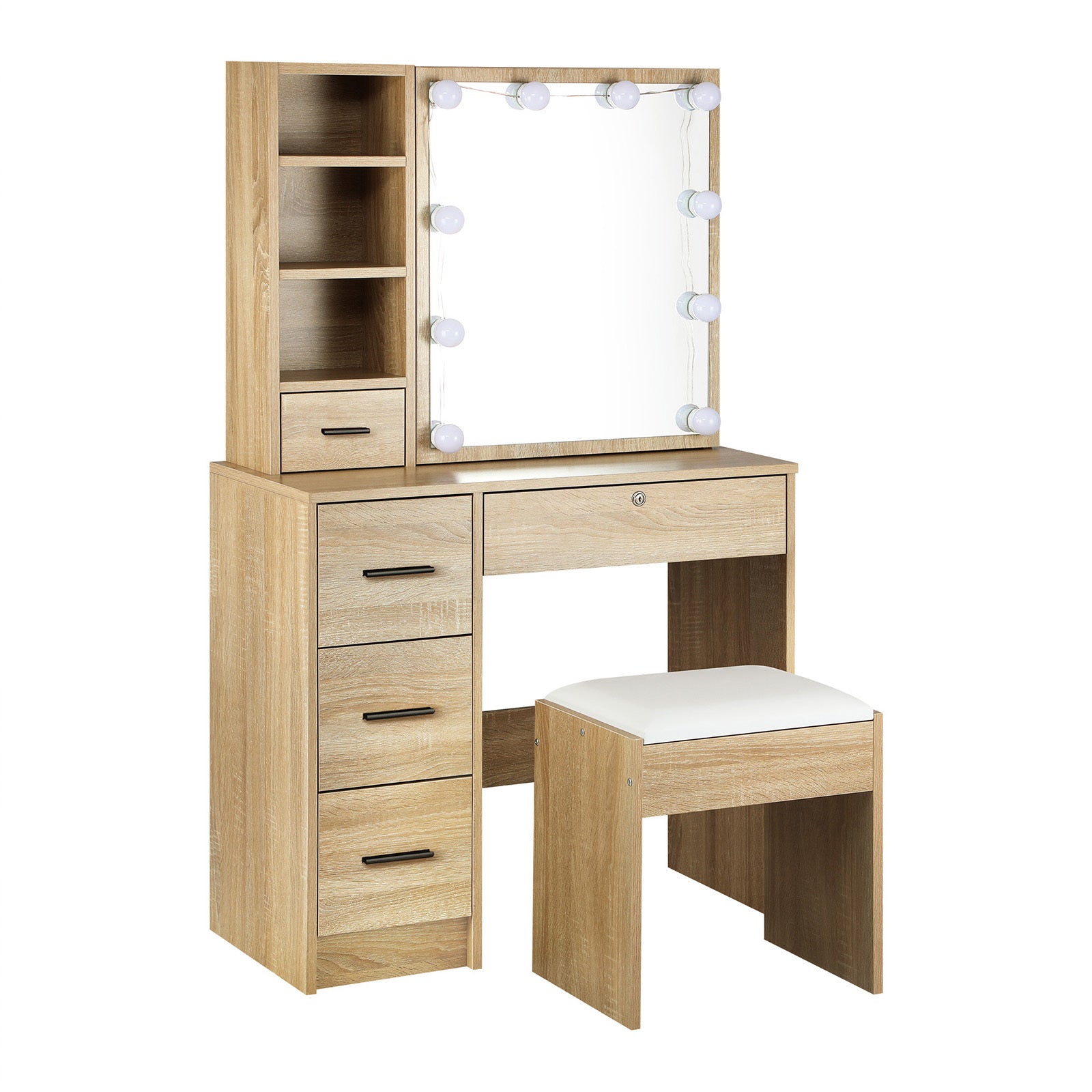 Dressing Table Stool Set Makeup Slide Mirror Drawers 10 LED Bulbs- Natural