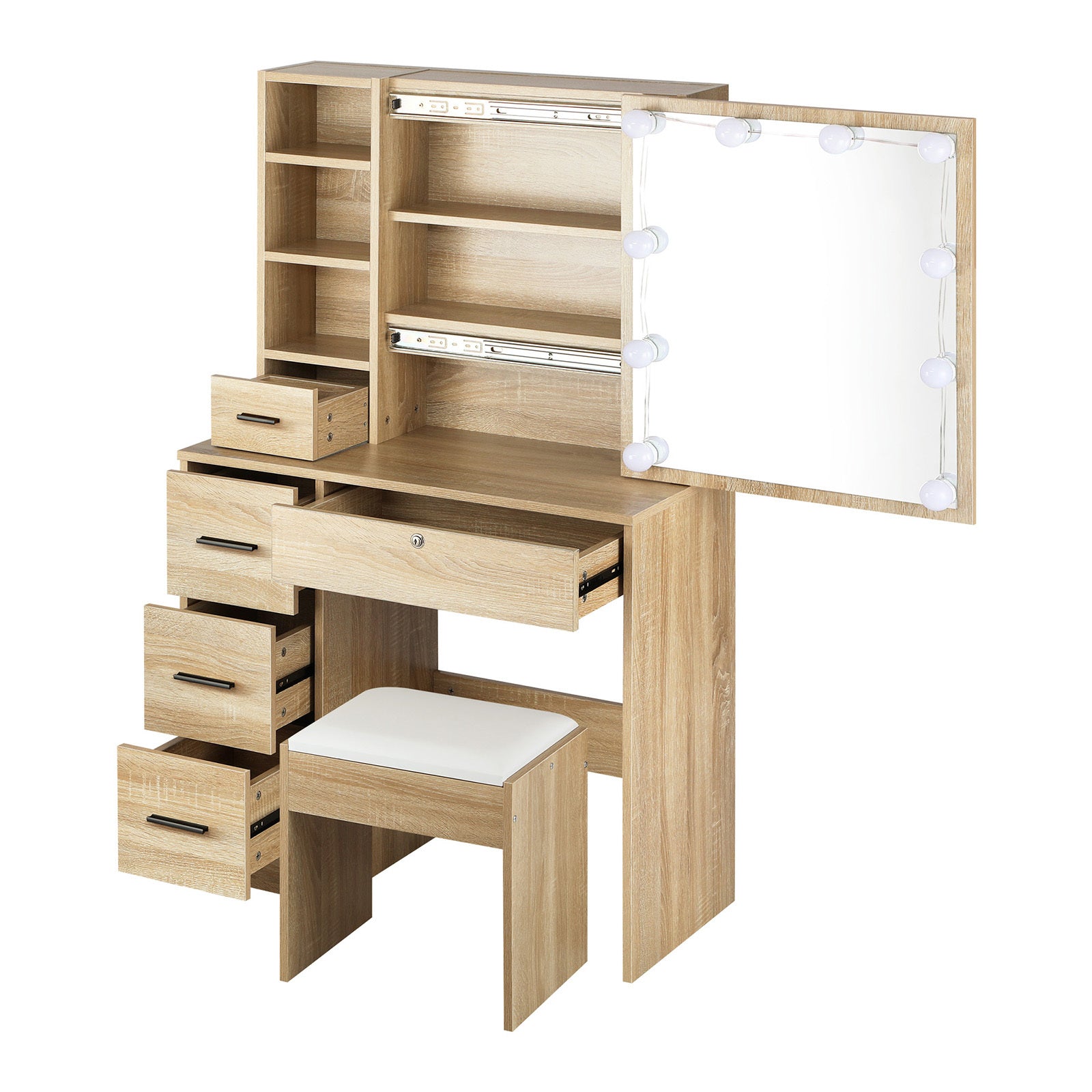 Dressing Table Stool Set Makeup Slide Mirror Drawers 10 LED Bulbs- Natural