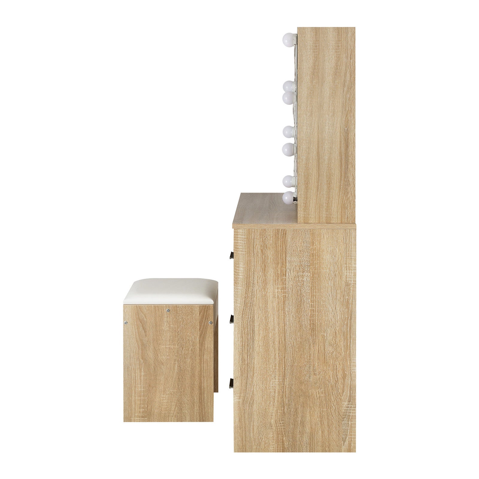 Dressing Table Stool Set Makeup Slide Mirror Drawers 10 LED Bulbs- Natural