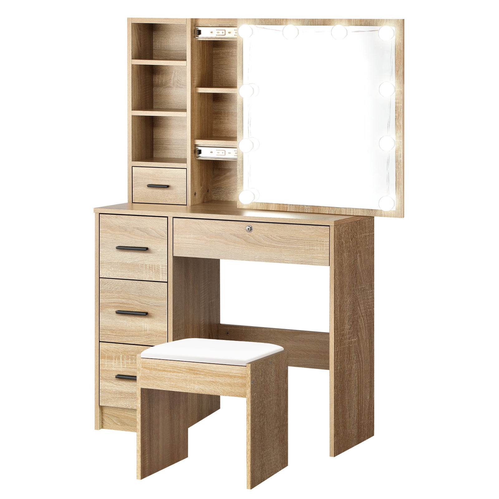 Dressing Table Stool Set Makeup Slide Mirror Drawers 10 LED Bulbs- Natural