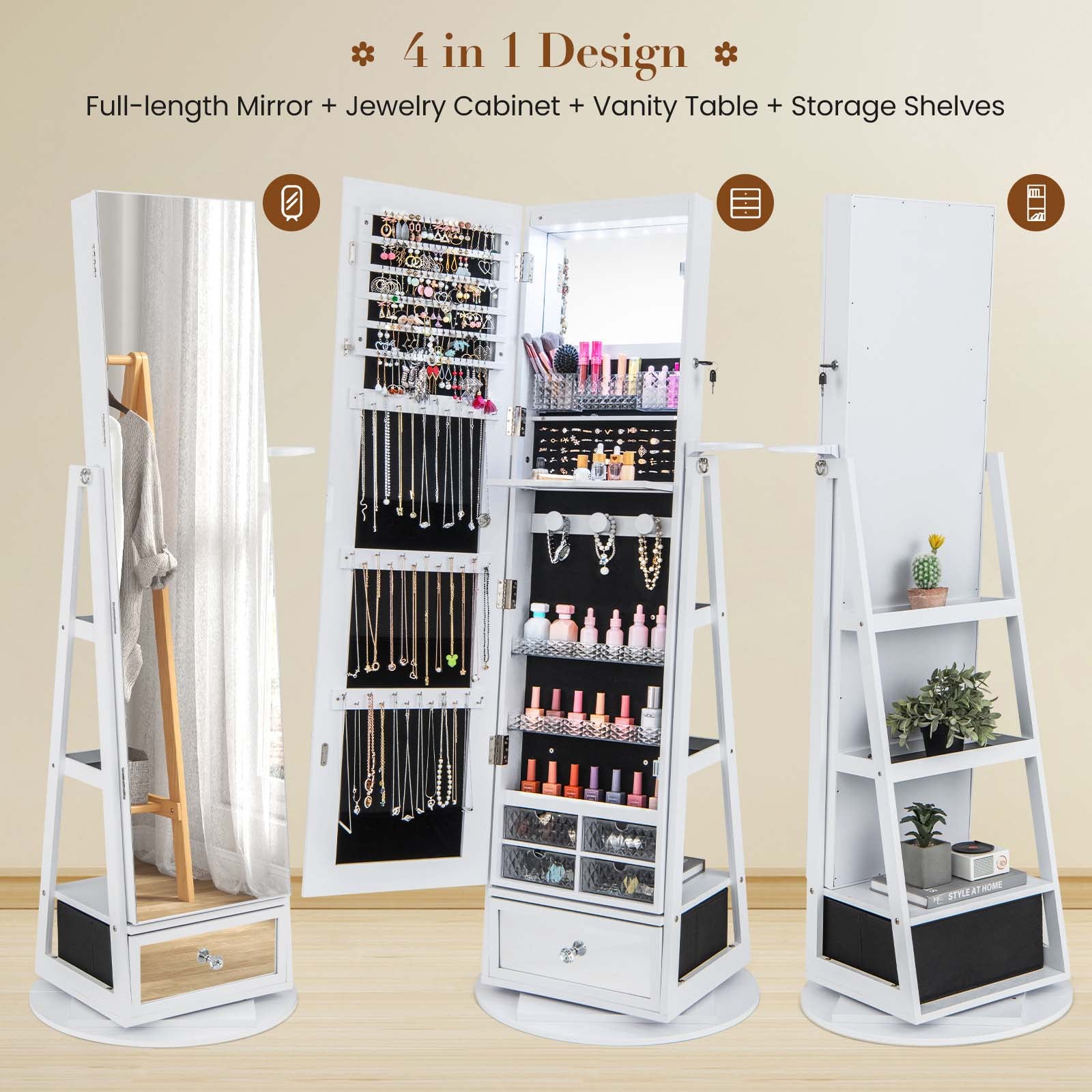 360° Lockable Swivel Jewelry Cabinet Floor Standing Armoire with Full-Length Mirror