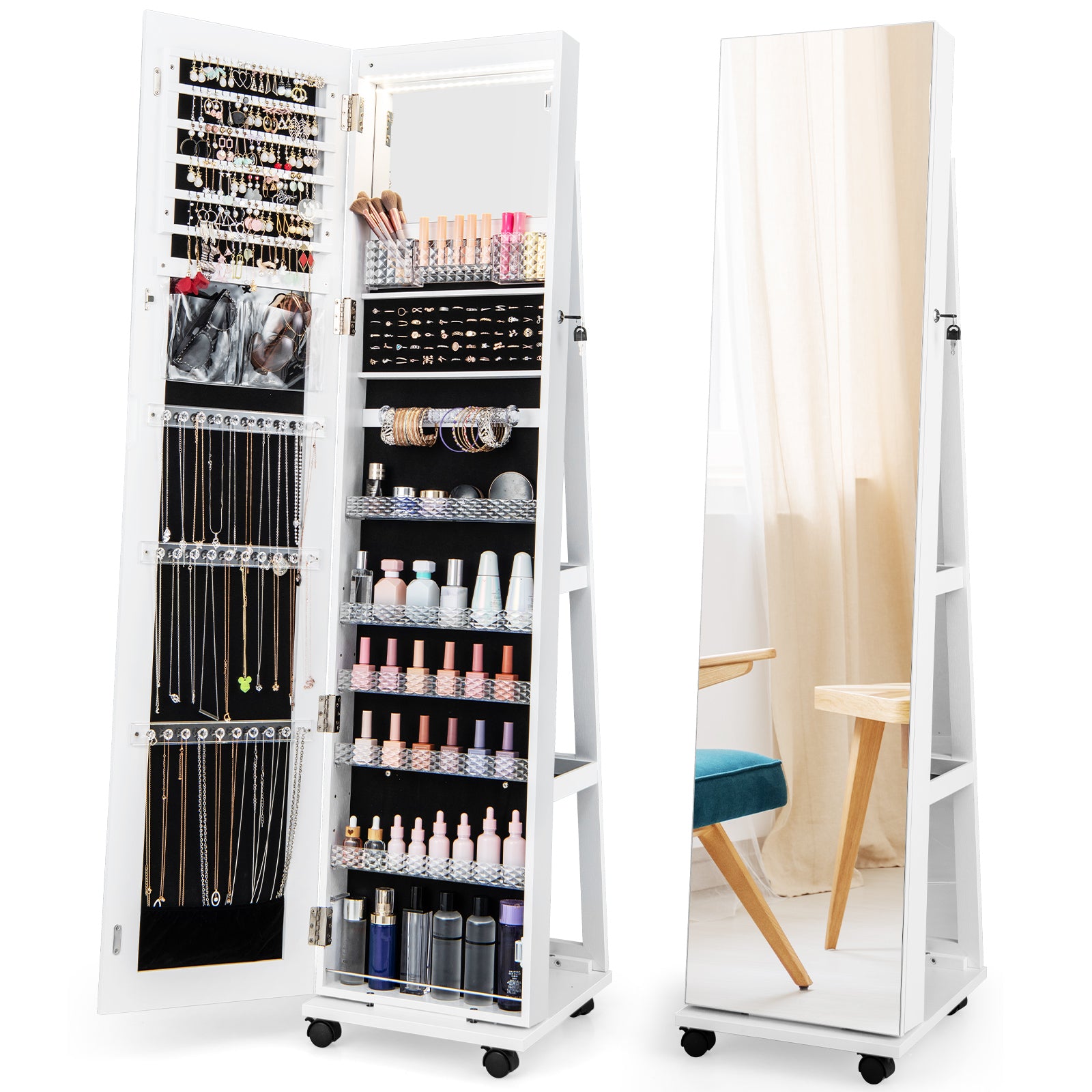 Lockable Standing Jewelry Cabinet Armoire Frameless Organizer with LED Lights and Wheels