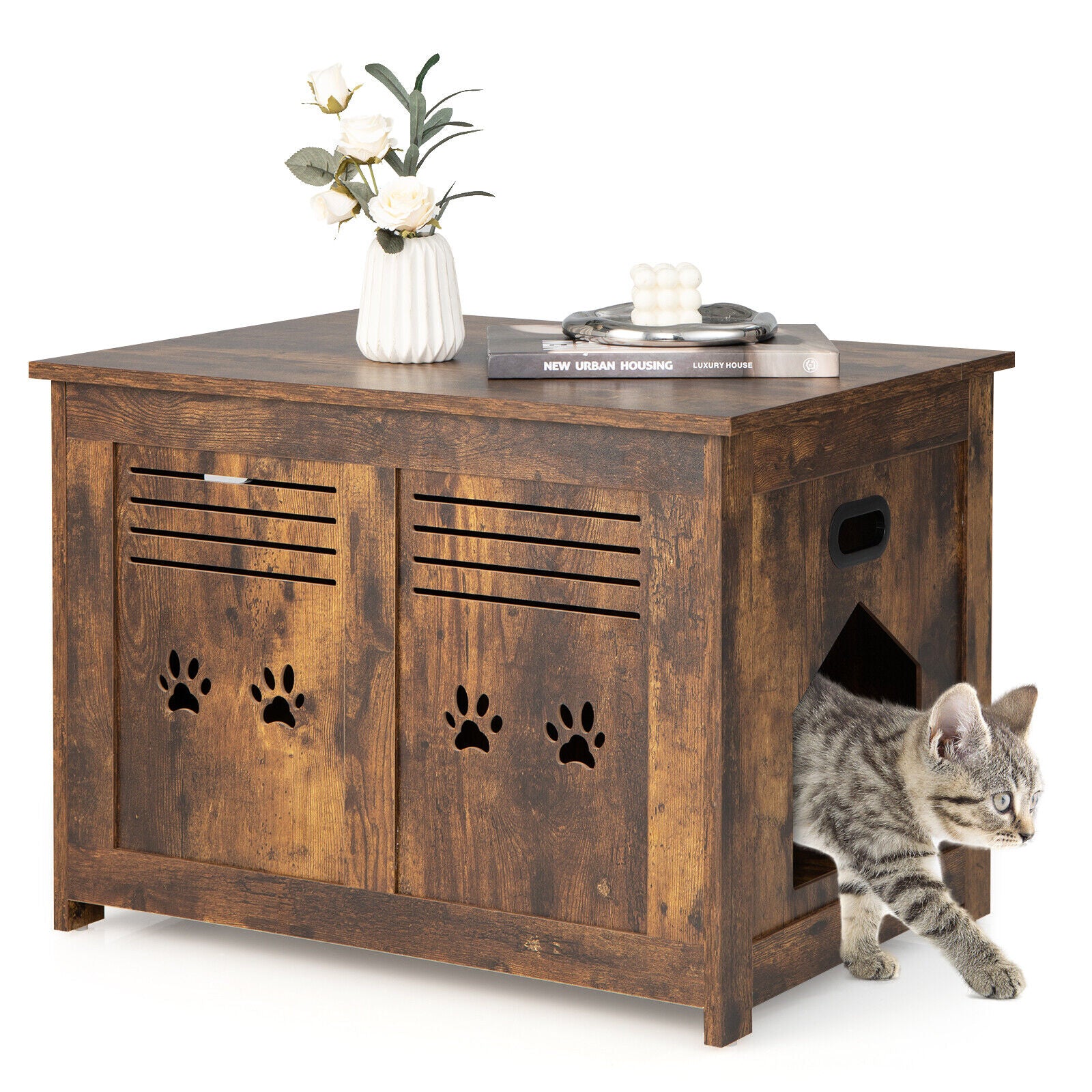 Wooden Flip-Top Cat Litter Box Enclosure With Side Entrance