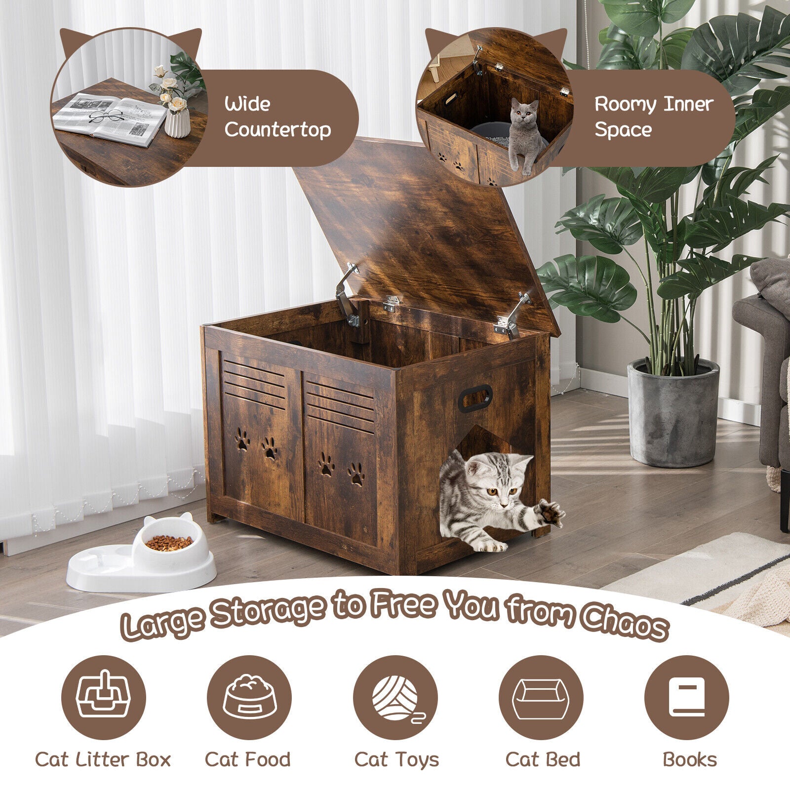 Wooden Flip-Top Cat Litter Box Enclosure With Side Entrance