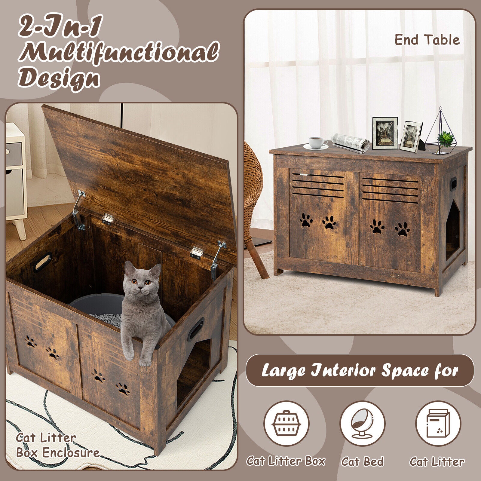 Wooden Flip-Top Cat Litter Box Enclosure With Side Entrance