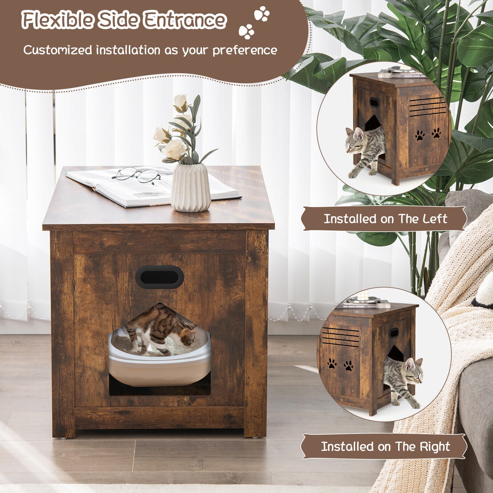 Wooden Flip-Top Cat Litter Box Enclosure With Side Entrance