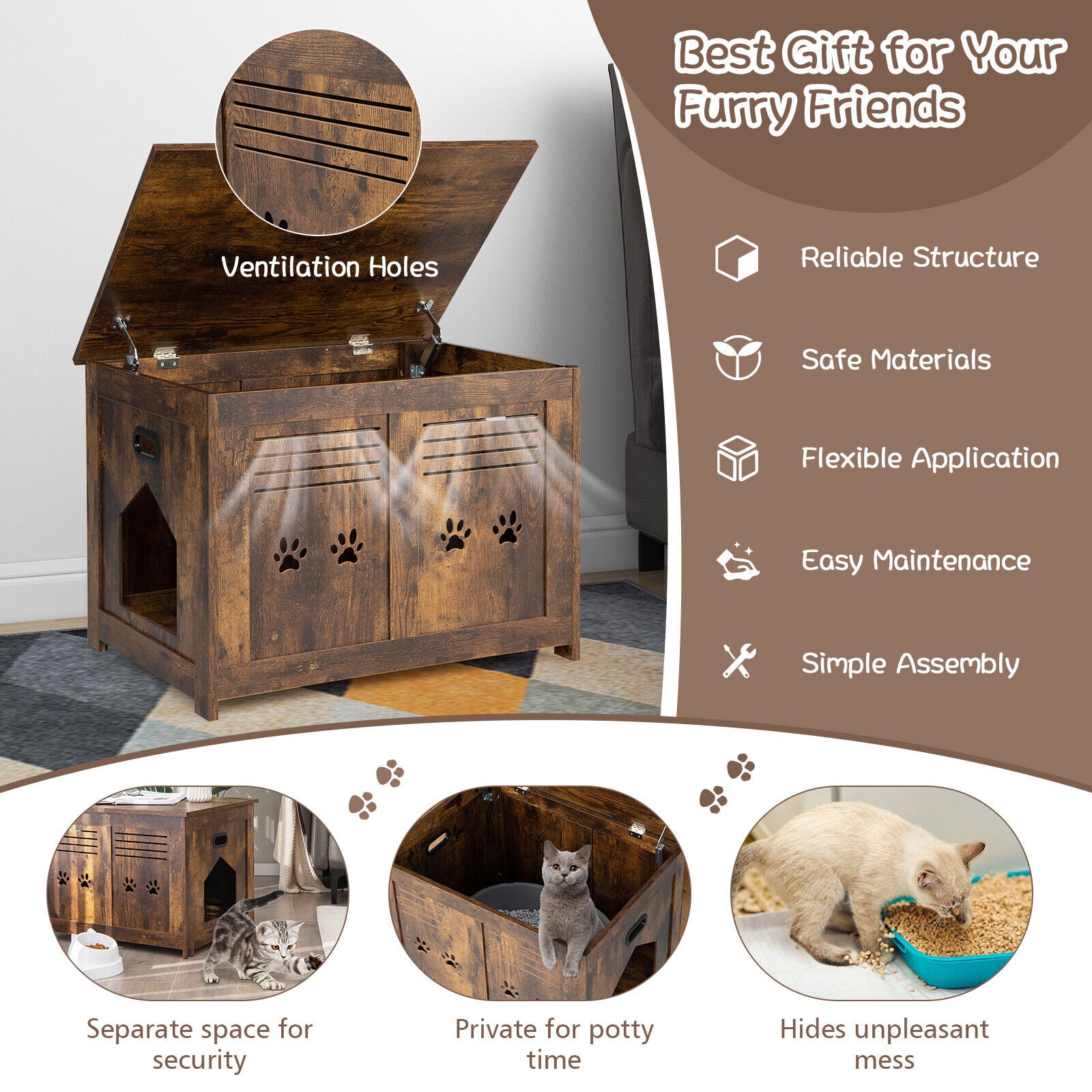 Wooden Flip-Top Cat Litter Box Enclosure With Side Entrance