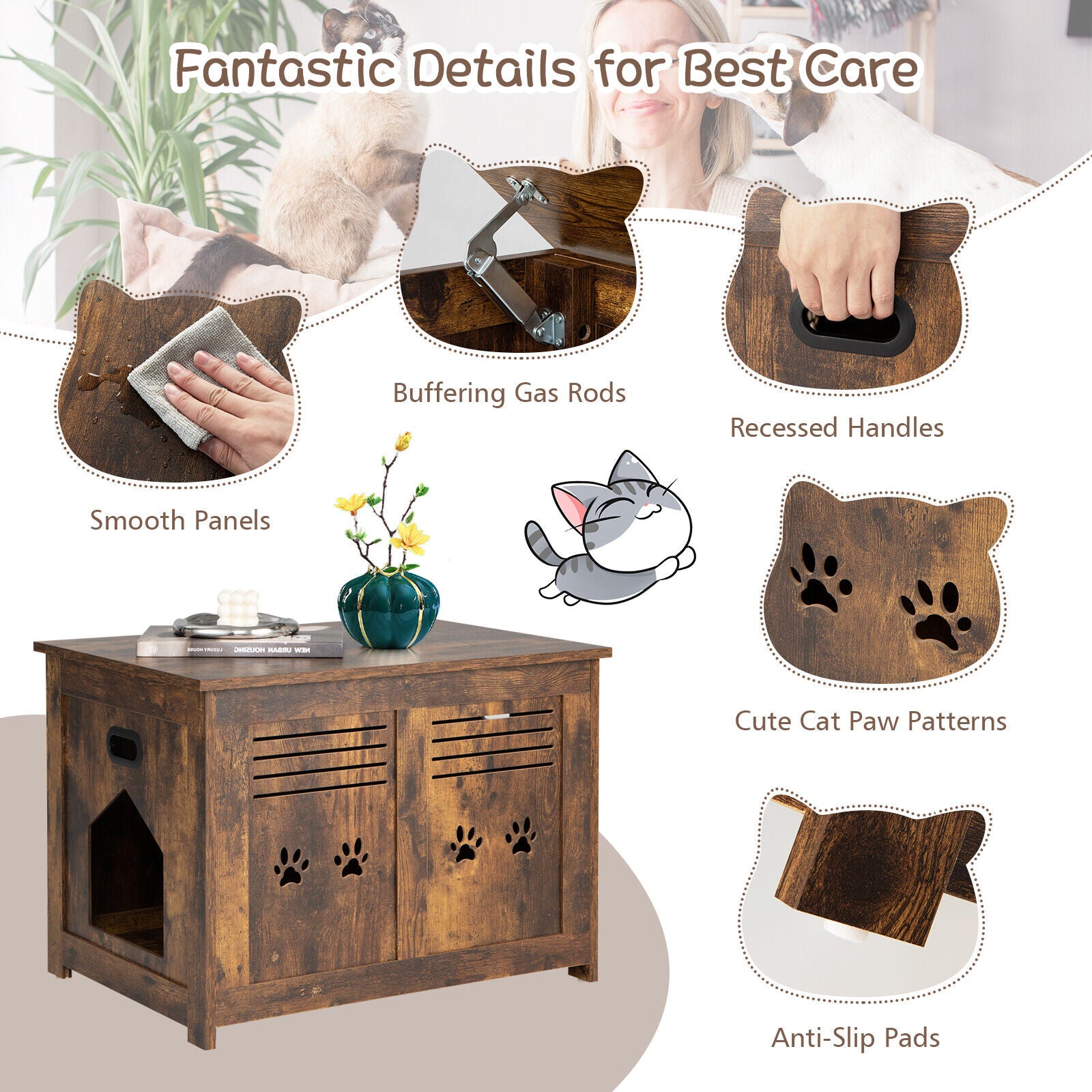 Wooden Flip-Top Cat Litter Box Enclosure With Side Entrance