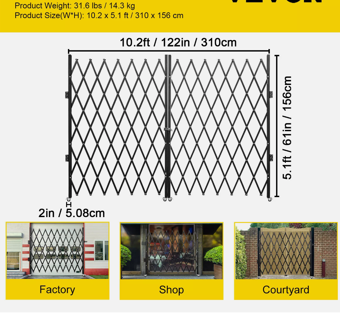 154cm H x 310cm W Double Folding Security Gate Folding Door Gate Scissor Gate
