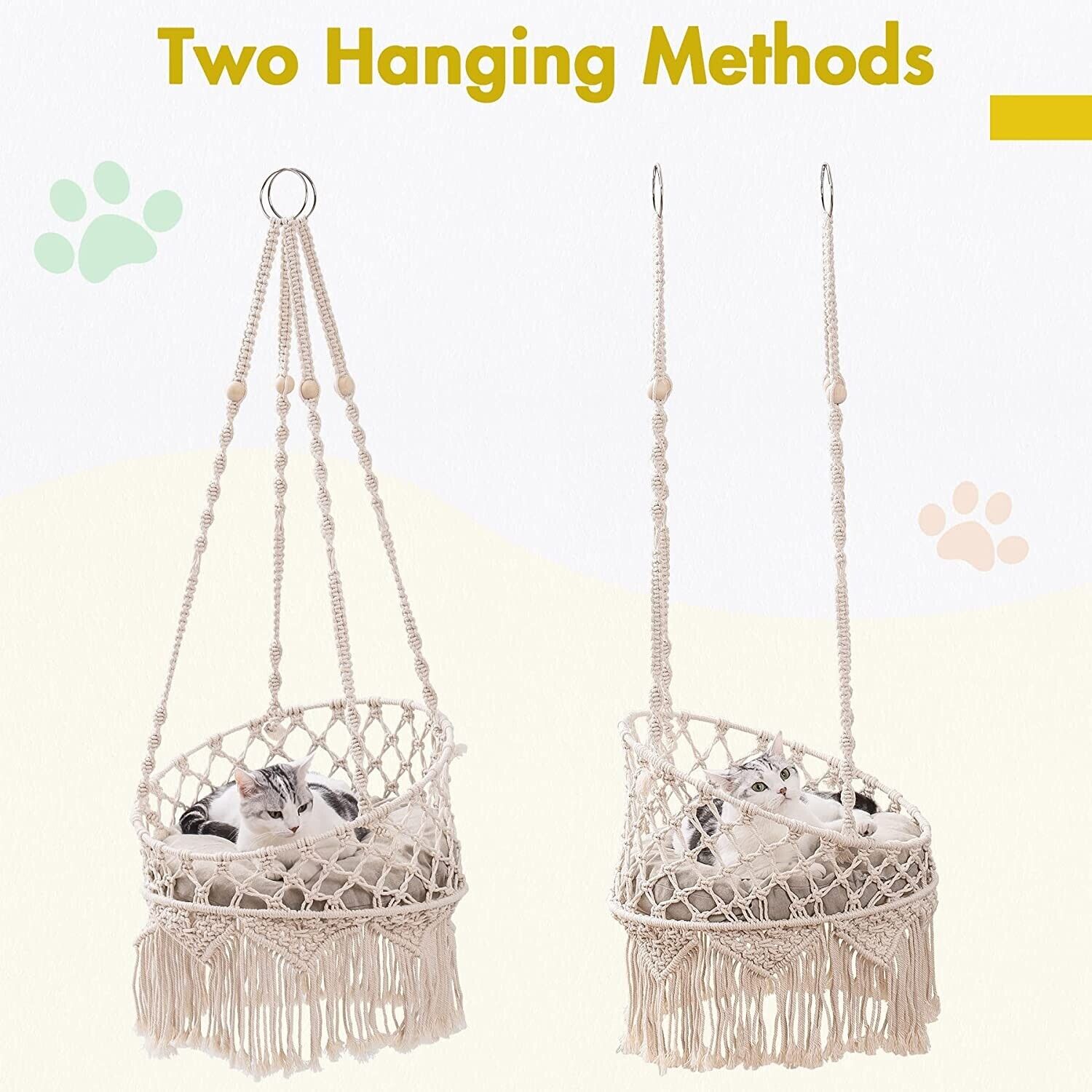 Macrame Cat Bed Pet Bed Woven Swing Hanging Cat Hammock with Cushion