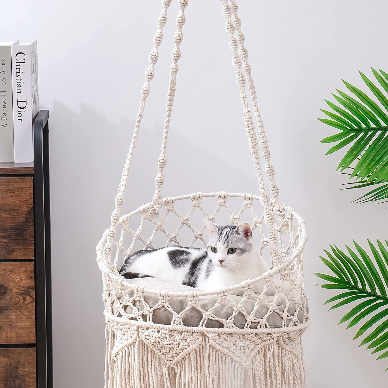 Macrame Cat Bed Pet Bed Woven Swing Hanging Cat Hammock with Cushion