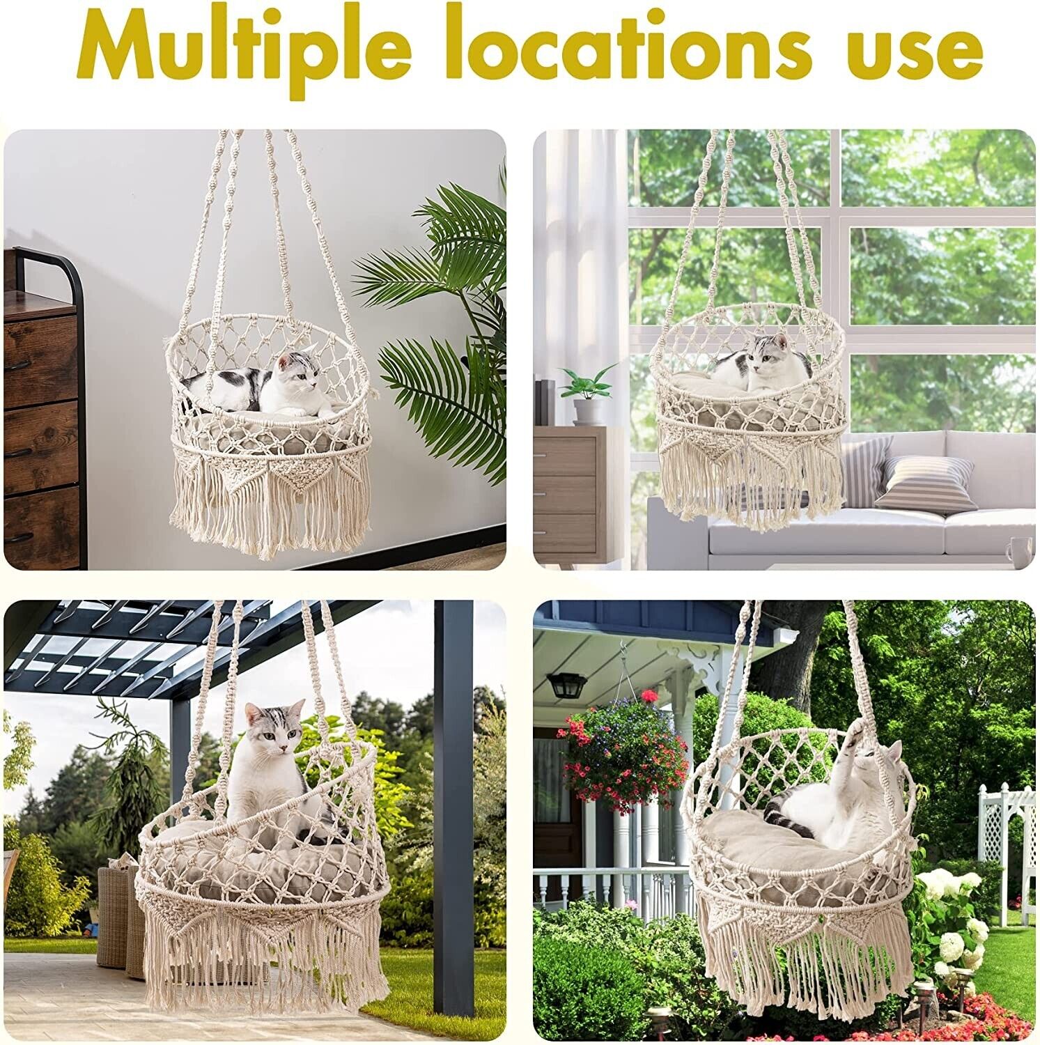 Macrame Cat Bed Pet Bed Woven Swing Hanging Cat Hammock with Cushion