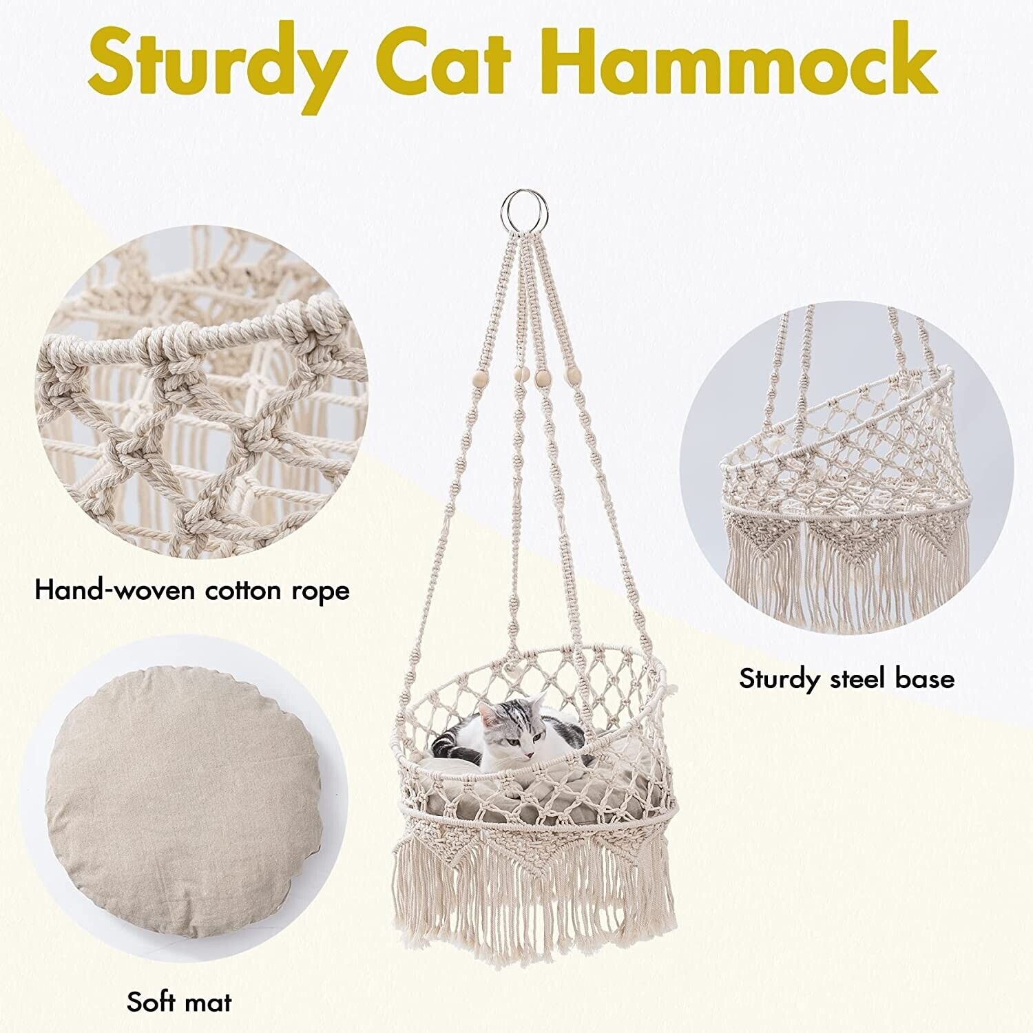 Macrame Cat Bed Pet Bed Woven Swing Hanging Cat Hammock with Cushion