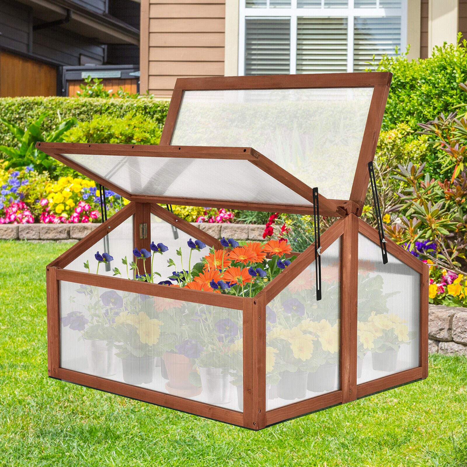 Wooden Cold Frame Portable Garden Greenhouse Plants Flowers Bed