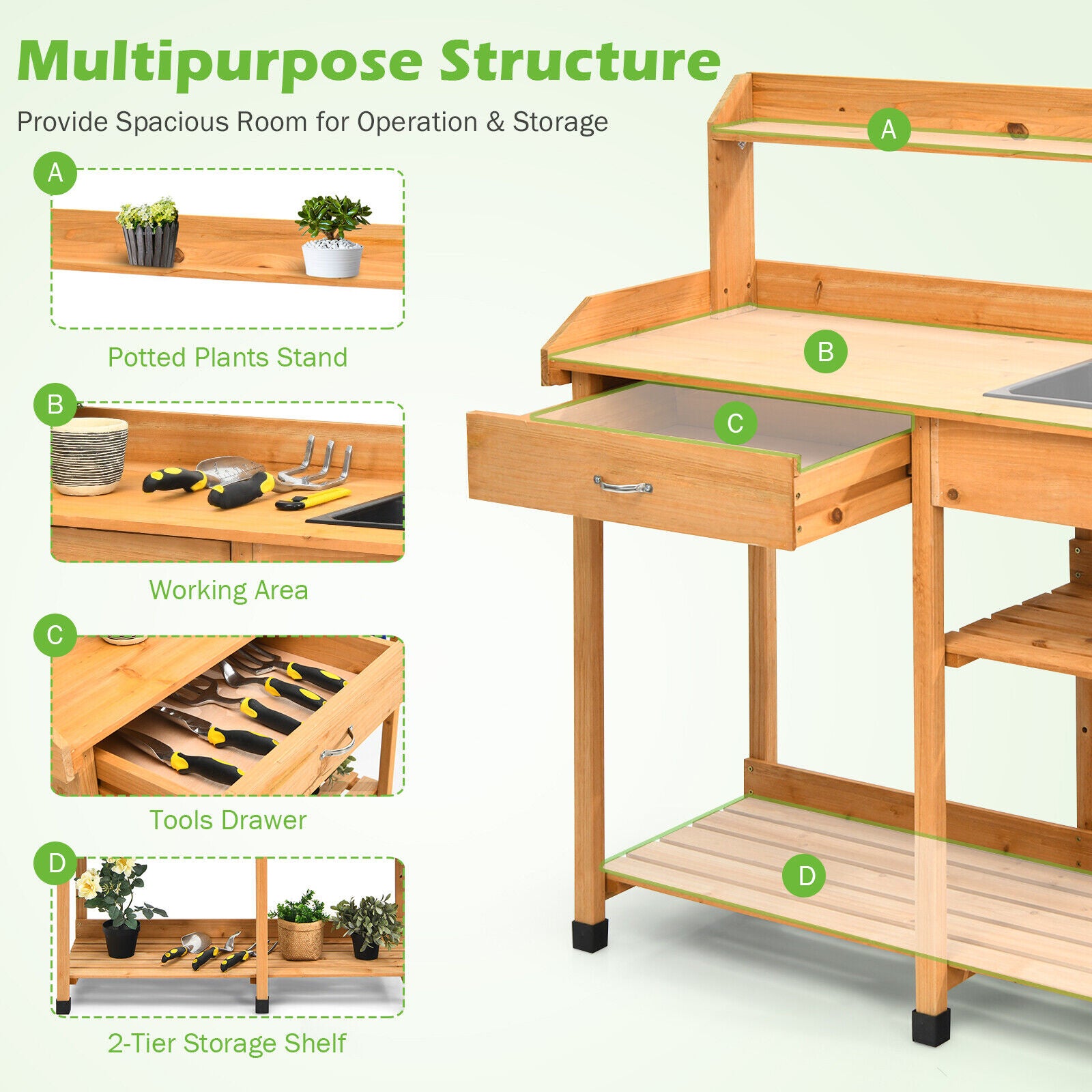AU PREMIUM Garden Potting Table Bench Wood Storage Shelf Workstation