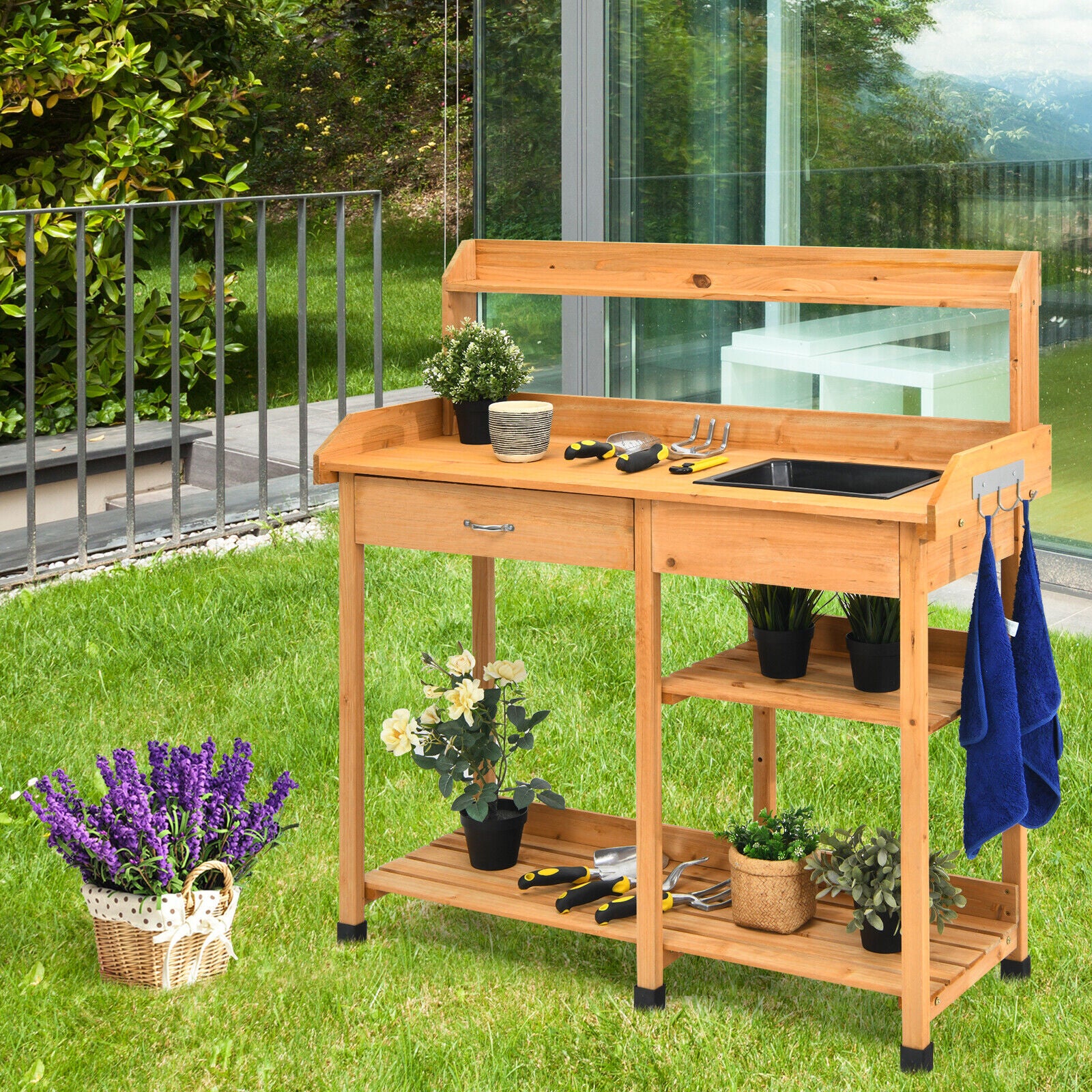 AU PREMIUM Garden Potting Table Bench Wood Storage Shelf Workstation