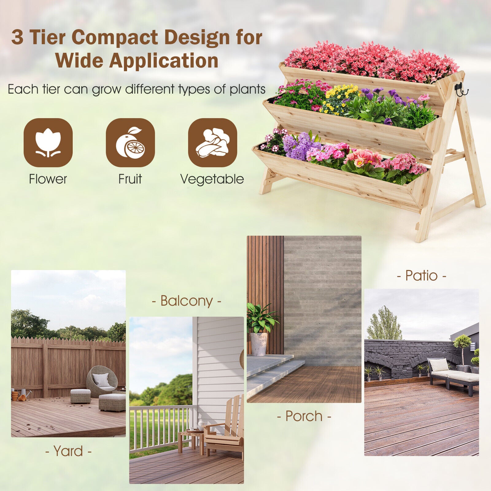 AU PREMIUM 3-Tiers Wooden Raised Garden Bed Planter Box Flower Herb