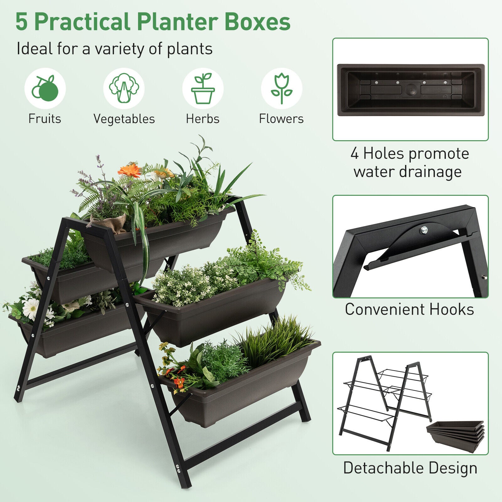 3-Tier Vertical Planter with 5 Plant Boxes Raised Garden Bed