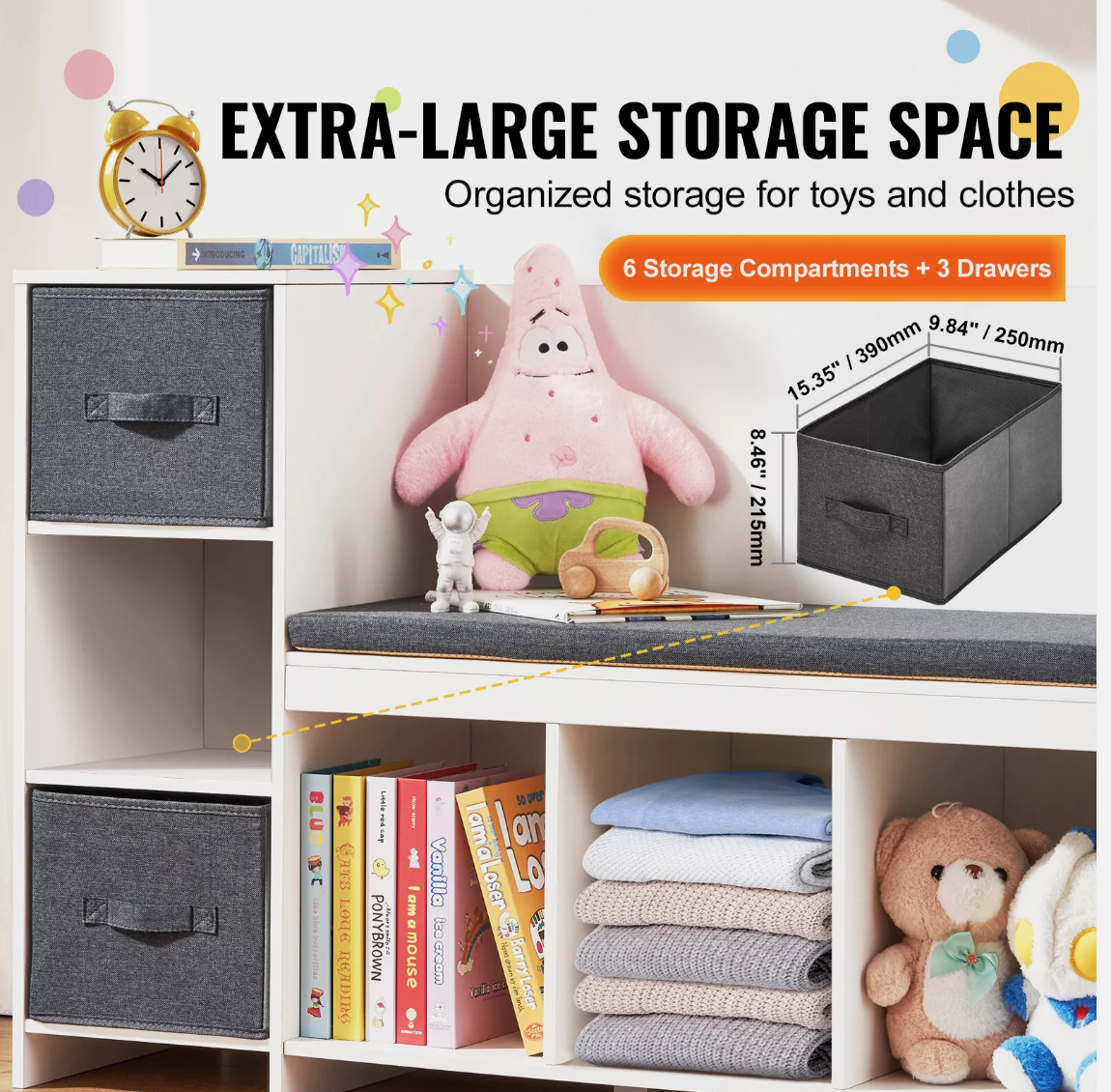 Kids Reading Nook Bench 6-Cubby Storage Bookshelf with Seat Cushion
