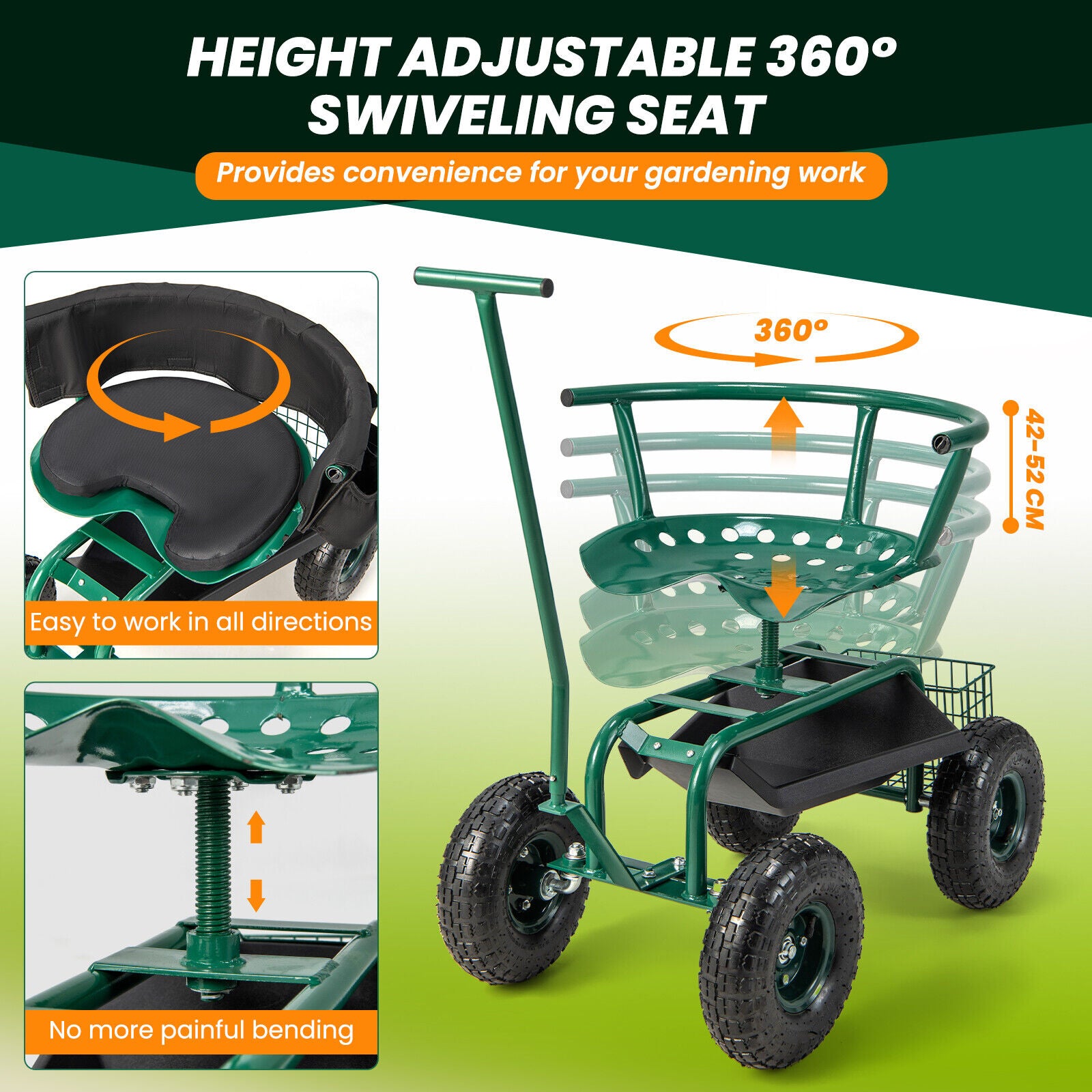 NEW Rolling Garden Cart Garden Scooter with Seat & Tool & Storage