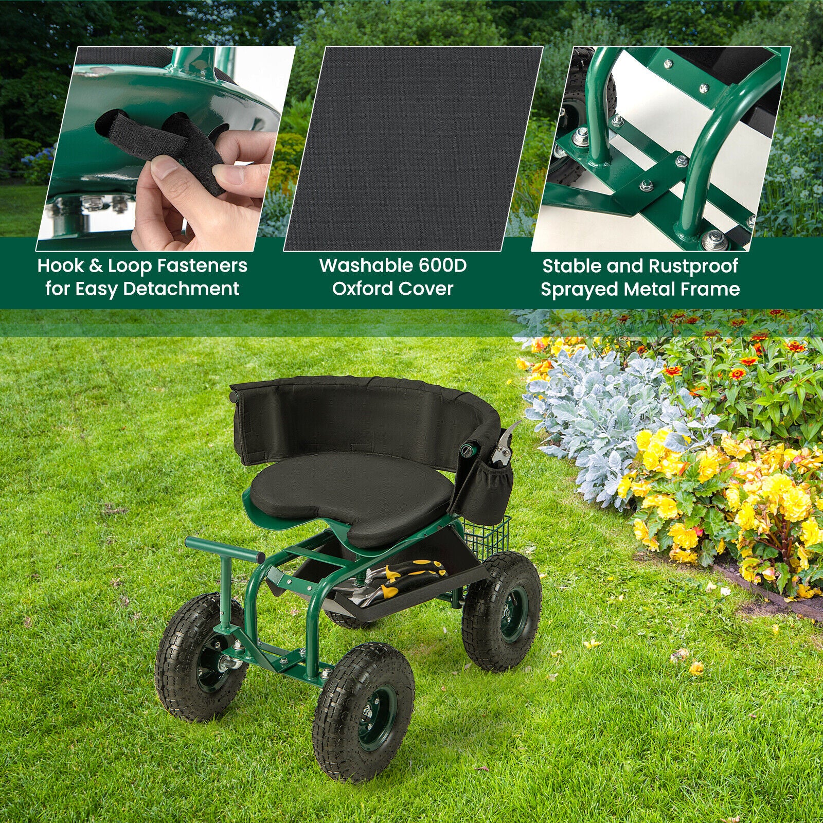 NEW Rolling Garden Cart Garden Scooter with Seat & Tool & Storage